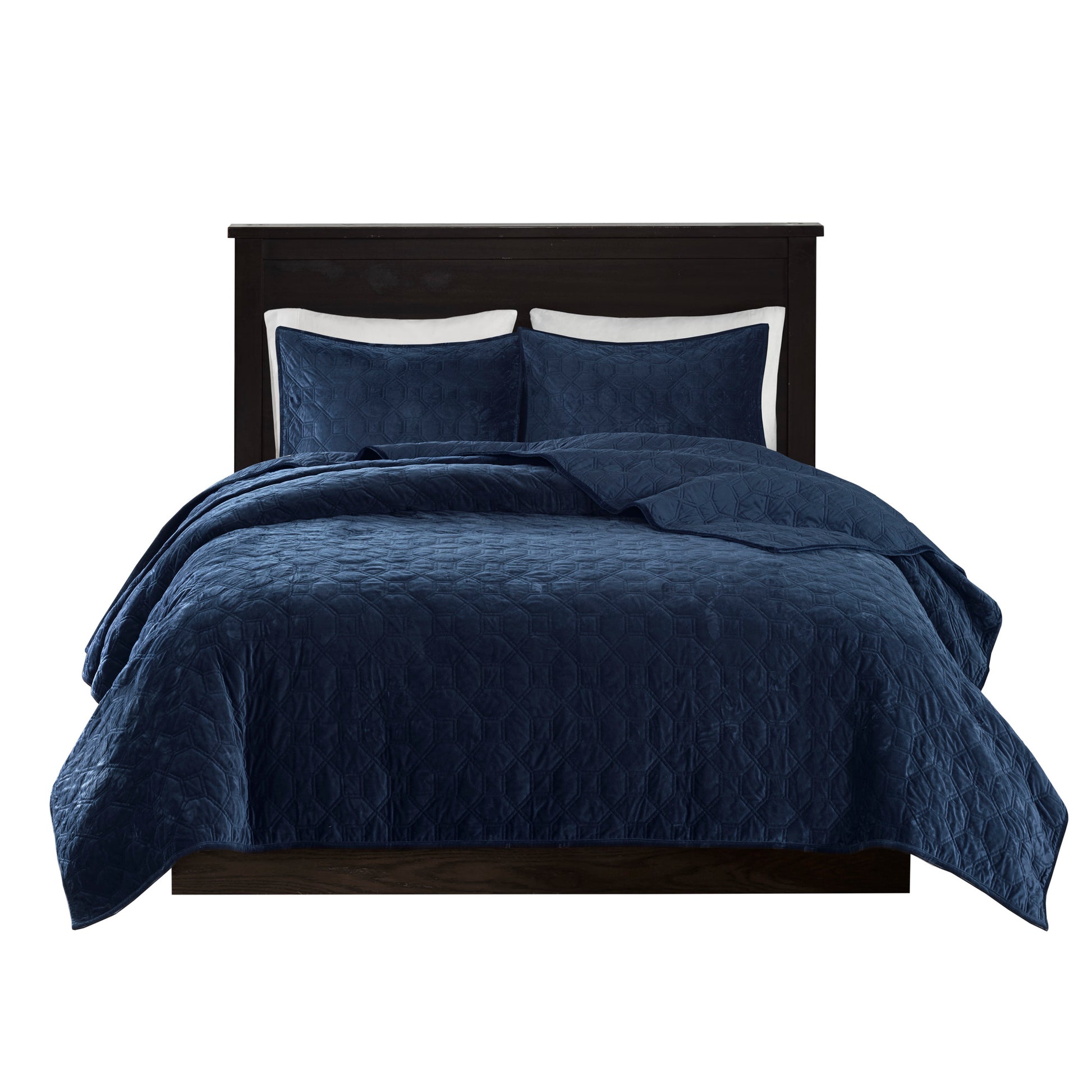 3 Piece Velvet Quilt Set Navy King Cal King King Navy Cotton