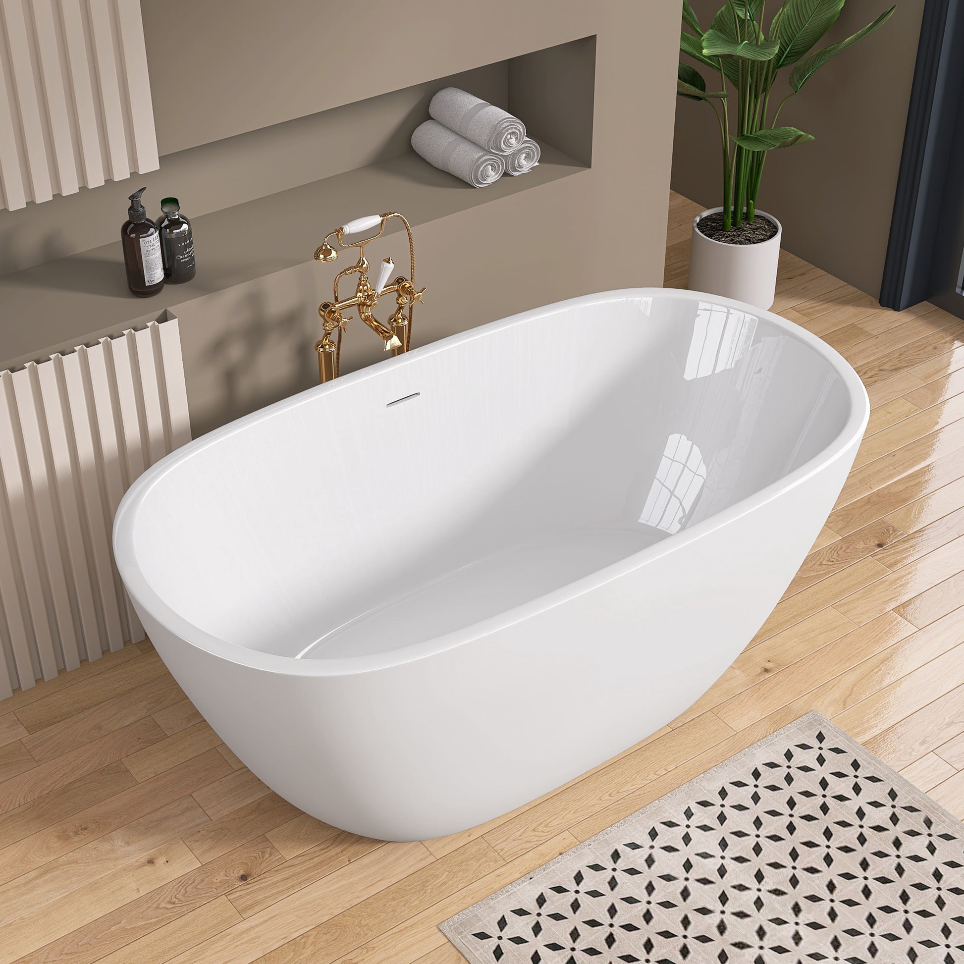 55 Inch Acrylic Freestanding Bathtub Contemporary Soaking White Tub With Overflow And Pop Up Drain Matte White Matte White Oval Bathroom Freestanding Tubs Matte Less Than 59 In Contemporary,Modern Soaking Center Fiberglass Acrylic