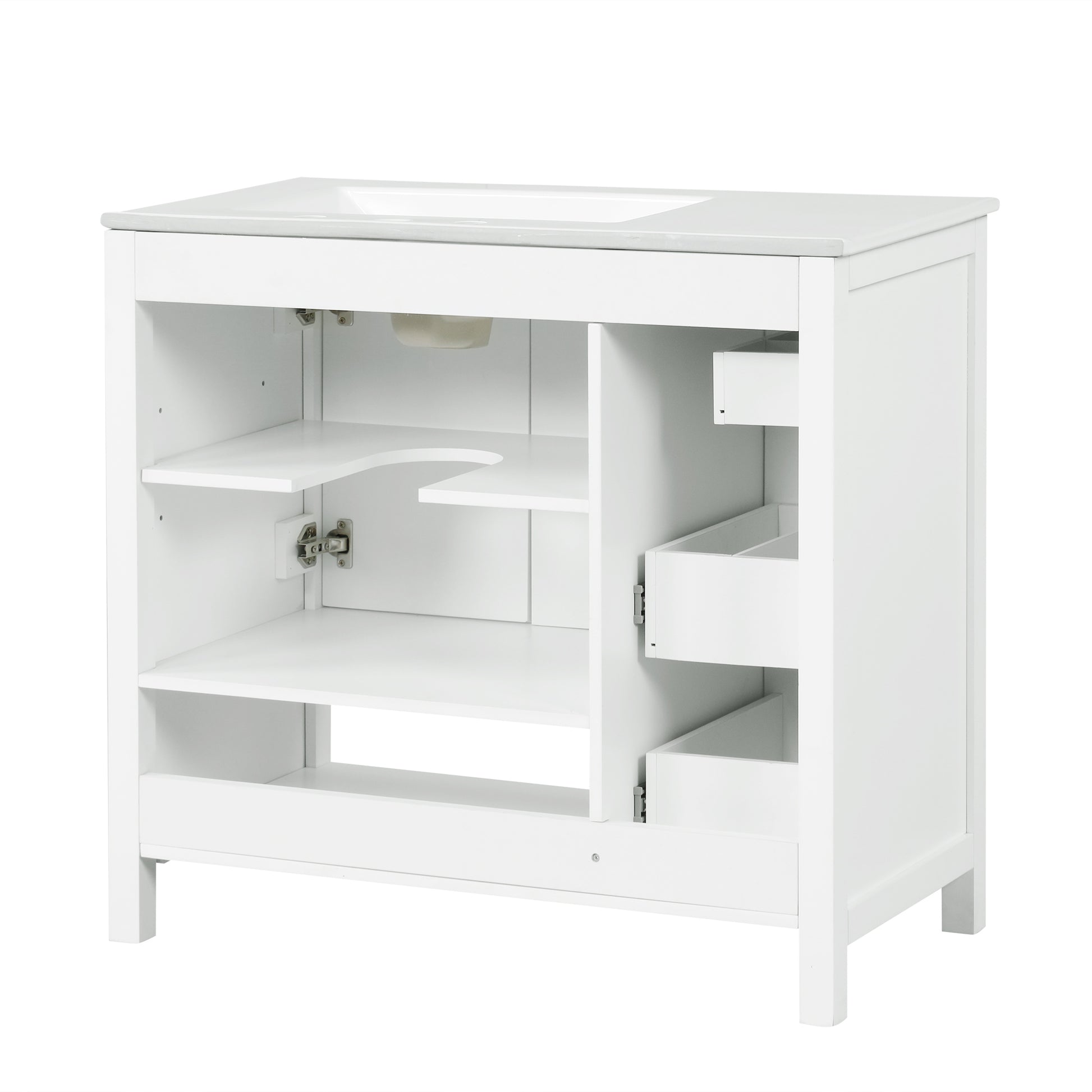 36" Bathroom Vanity With Sink Top, Bathroom Vanity Cabinet With Two Doors And Two Drawers, Solid Wood, Open Shelf, Mdf Boards, One Package, White White Solid Wood Mdf