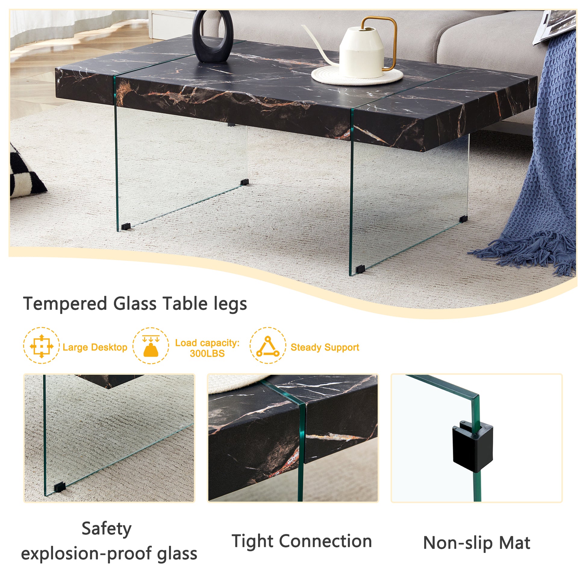 43.3"X23.6" Black Marble Patterned Mdf Coffee Table With Tempered Glass Legs.Suitable For Living Room.It Can Be Used Not Only As A Coffee Table But Also As A Side Table Or Display Stand.