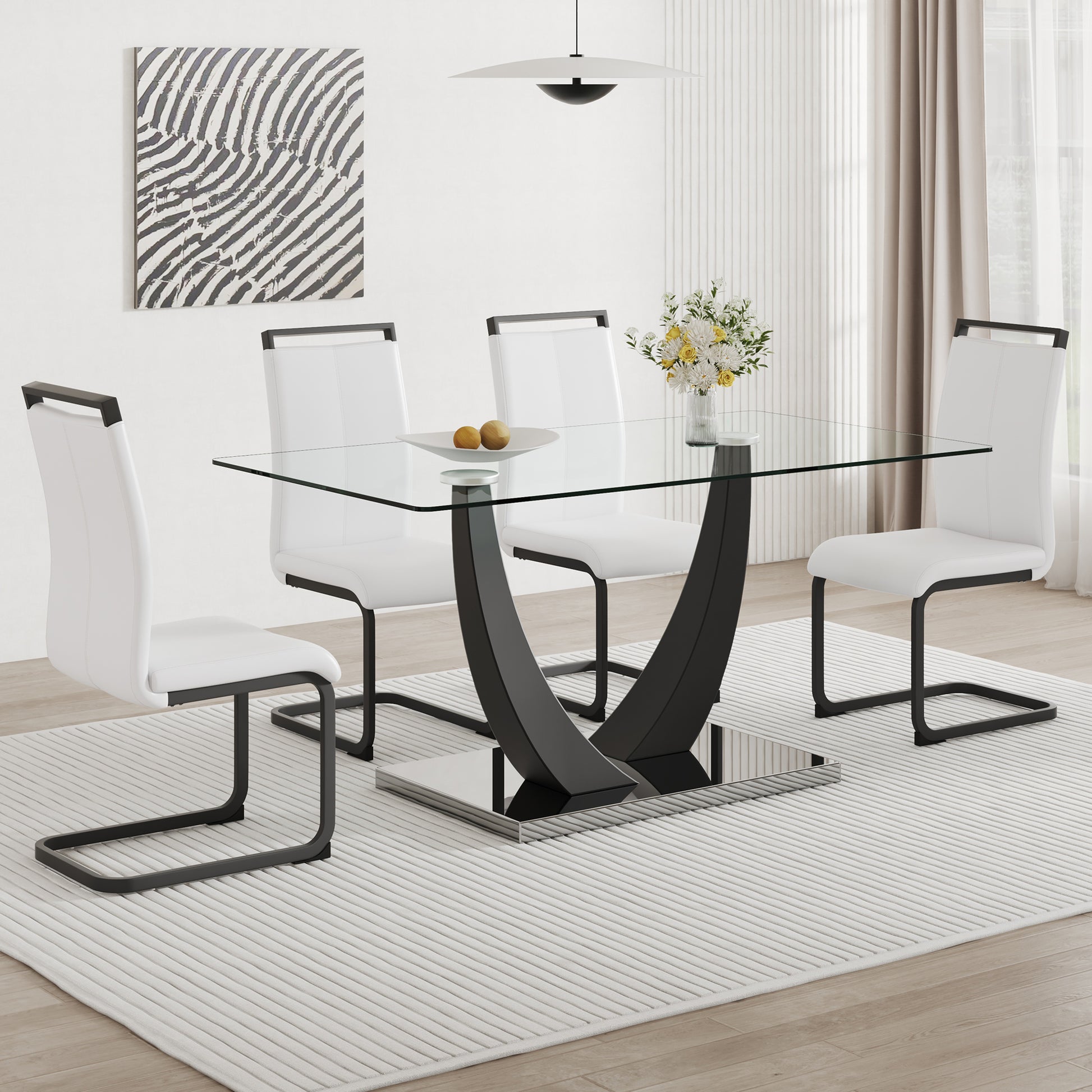 Table And Chair Set.Large Rectangular Glass Dining Table, 0.39 "Tempered Glass Countertop And Black Metal Shaped Bracket.Comes With Chairs With Faux Leather Cushions.Suitable For Kitchen, Dining Room. White Black Seats 4 Glass Metal