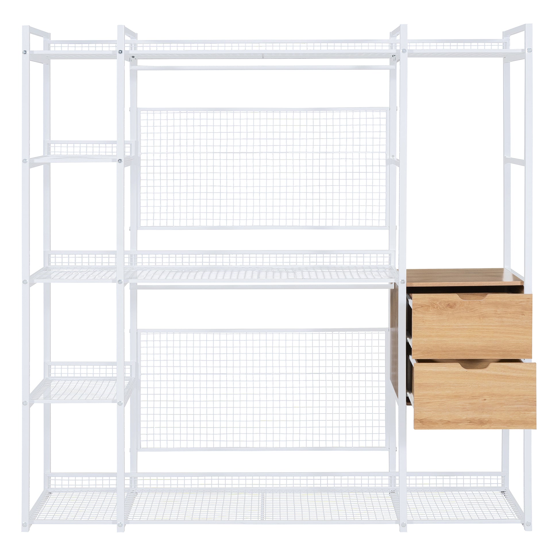 Open Style Wardrobe With Hanging Rails, Shelves And Drawers, White White Metal & Wood