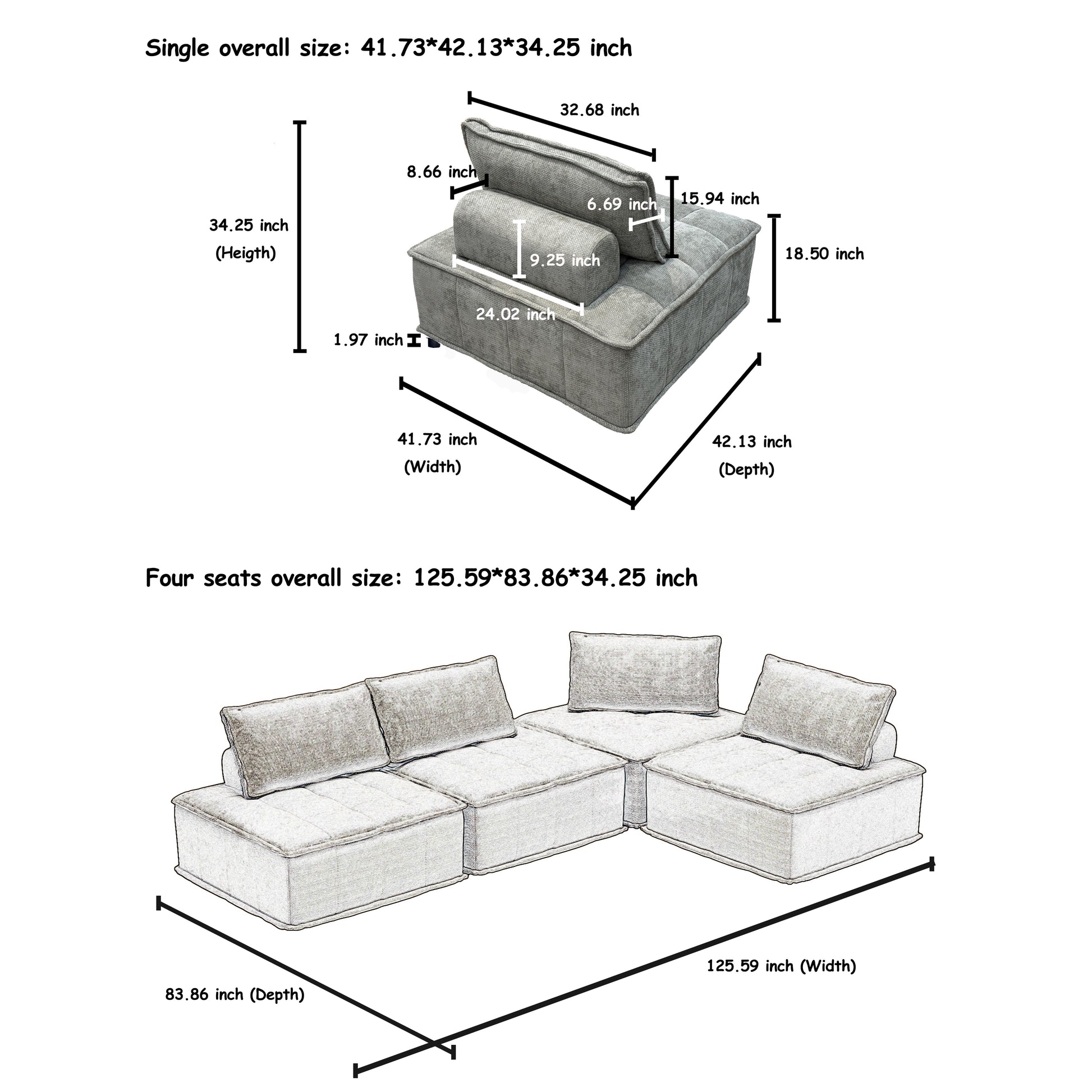 Modular 4 Piece Sofa With Adjustable And Removable Backrests For Ultimate Comfort Oversized Sofa Chenille Light Grey Sofa Light Gray Chenille 4 Seat