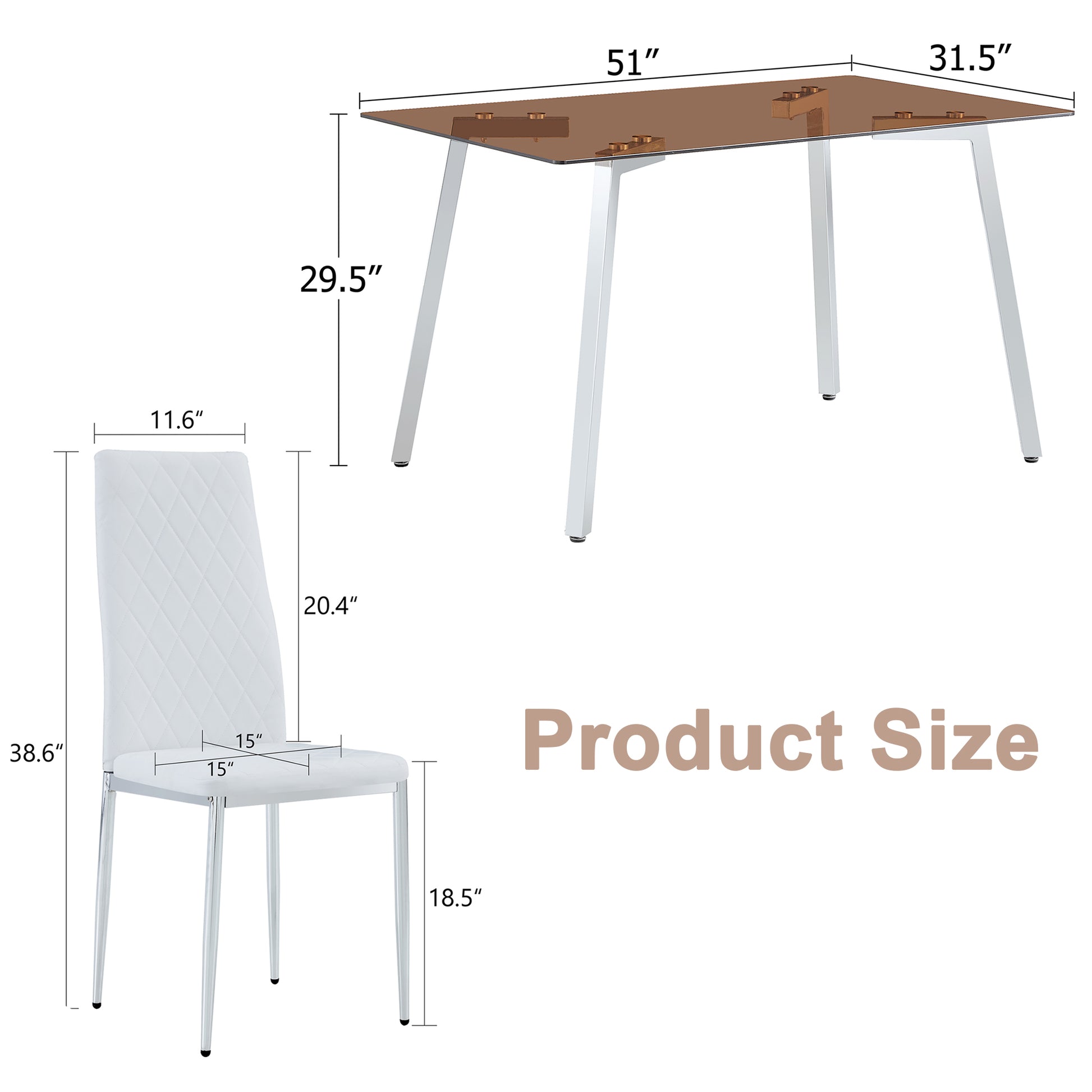 Table And Chair Set.Large Modern Rectangular Table With Brown Glass Top And Silver Metal Legs. Paired With 4 White Chairs With Checkered Armless High Back Pu Cushion And Silver Metal Legs. Silver,White Seats 4 Glass Metal