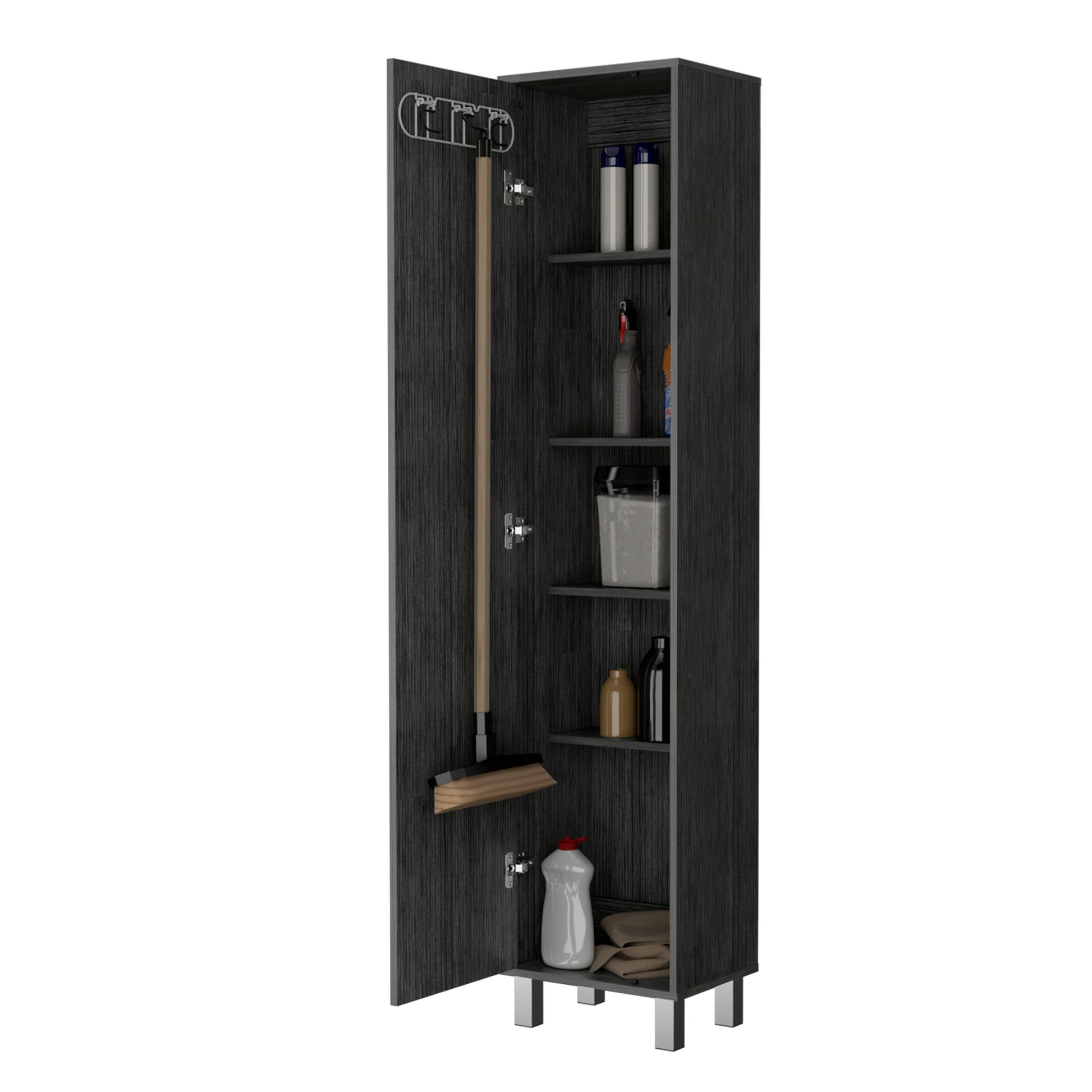 Lawen Tall Storage Cabinet, Single Door, 3 Broom Hangers Smoke Contemporary Particle Board Engineered Wood