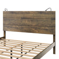 Farmhouse Wooden Platform Queen Size Bed, Modern Platform Bed With Two Bedside Lights, Antique Walnut Queen Walnut Wood