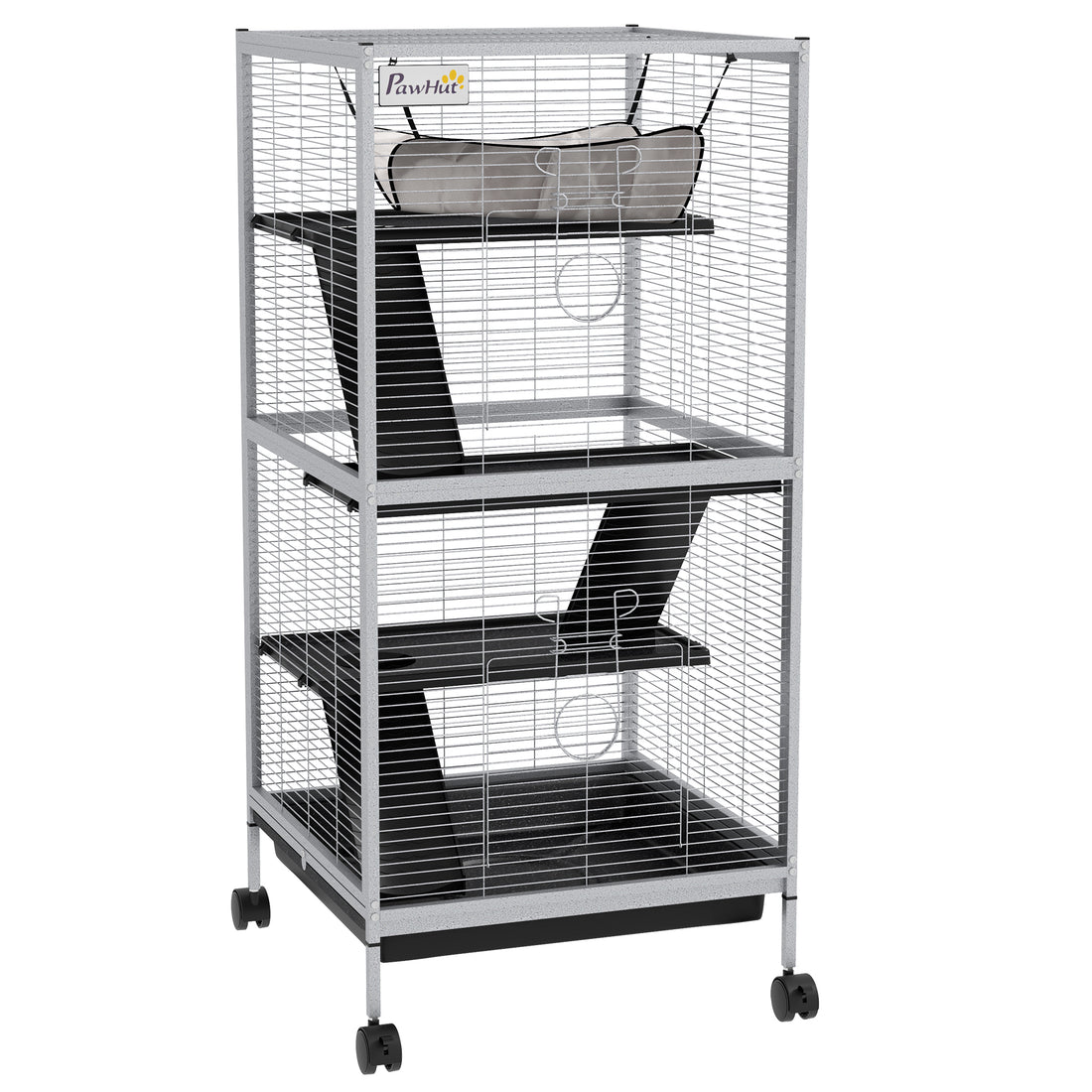 Pawhut Metal Small Animal Cage Rolling Big Ferret Cage, Chinchilla Cage, Sugar Glider Cage, With Hammock & 4 Tiers, Removable Tray, White White Steel