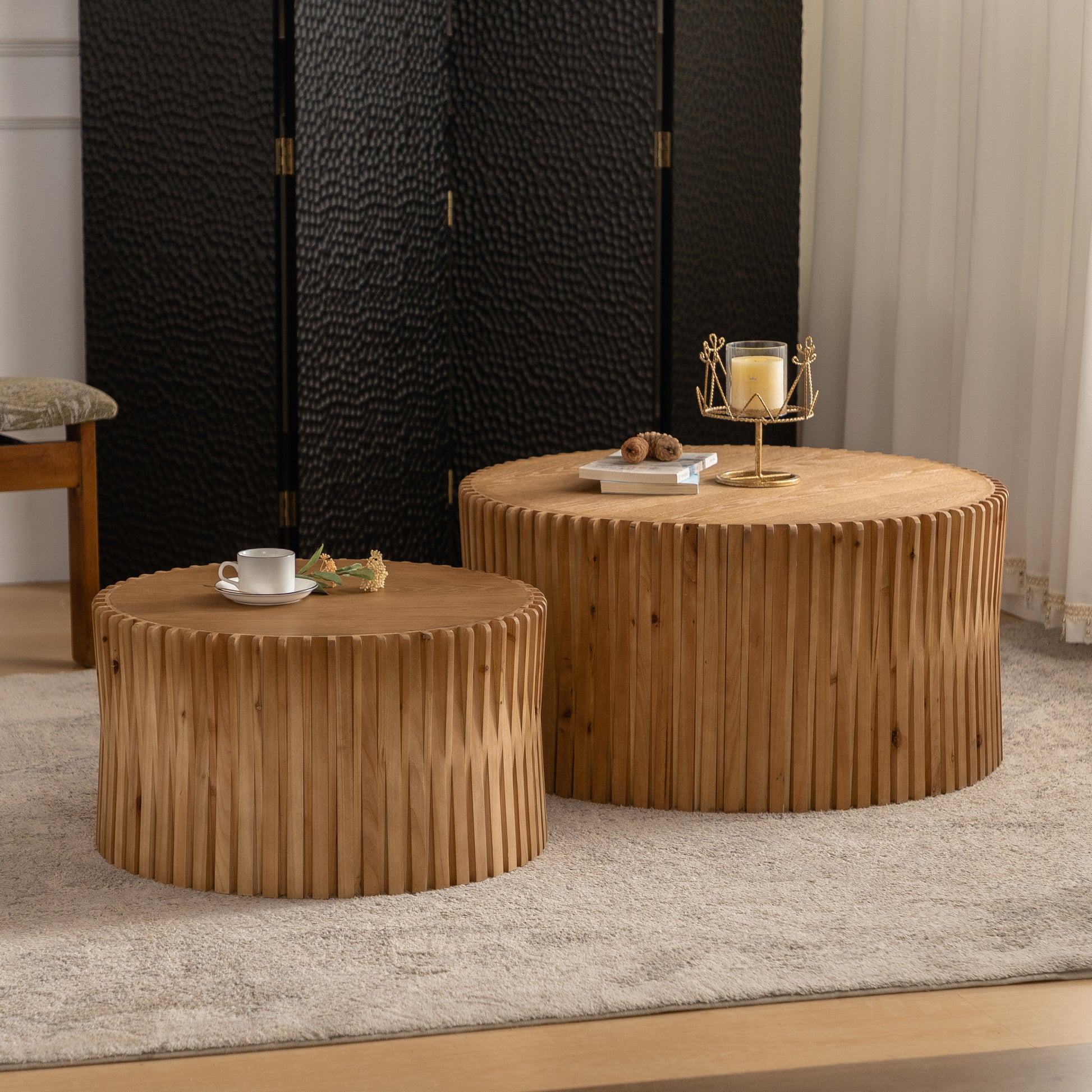 Vintage Fashion Style Cylindrical Nesting Coffee Table Set With Vertical Textured Embossed Design For Living Room, Office And Dining Room, Natural Set Of 2 Natural Mdf