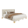 Modern Velvet Upholstered Platform Bed With Wingback Headboard And Round Wooden Legs, Cream,King Size Old Sku:Wf531853Aac Box Spring Not Required King Cream Wood Bedroom Modern Bed Frame Velvet Wood