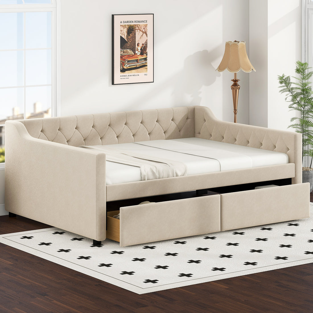 Full Size Upholstered Tufted Daybed With 2 Drawers, Beige Box Spring Not Required Full Beige Wood Daybeds Velvet Upholstered