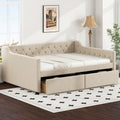 Full Size Upholstered Tufted Daybed With 2 Drawers, Beige Box Spring Not Required Full Beige Wood Daybeds Velvet Upholstered