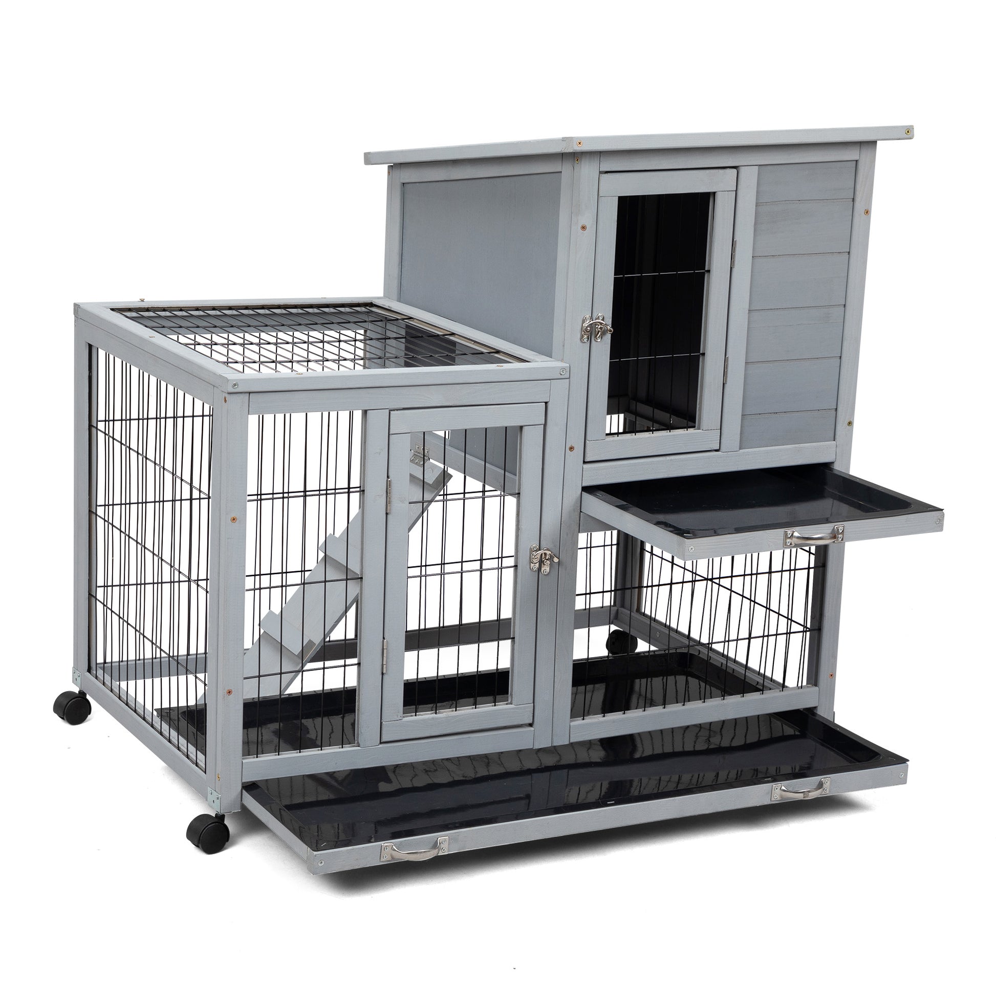 Detachable Rabbit Hutch With Removable Tray And Rolling Casters, Gray White White Gray Pine