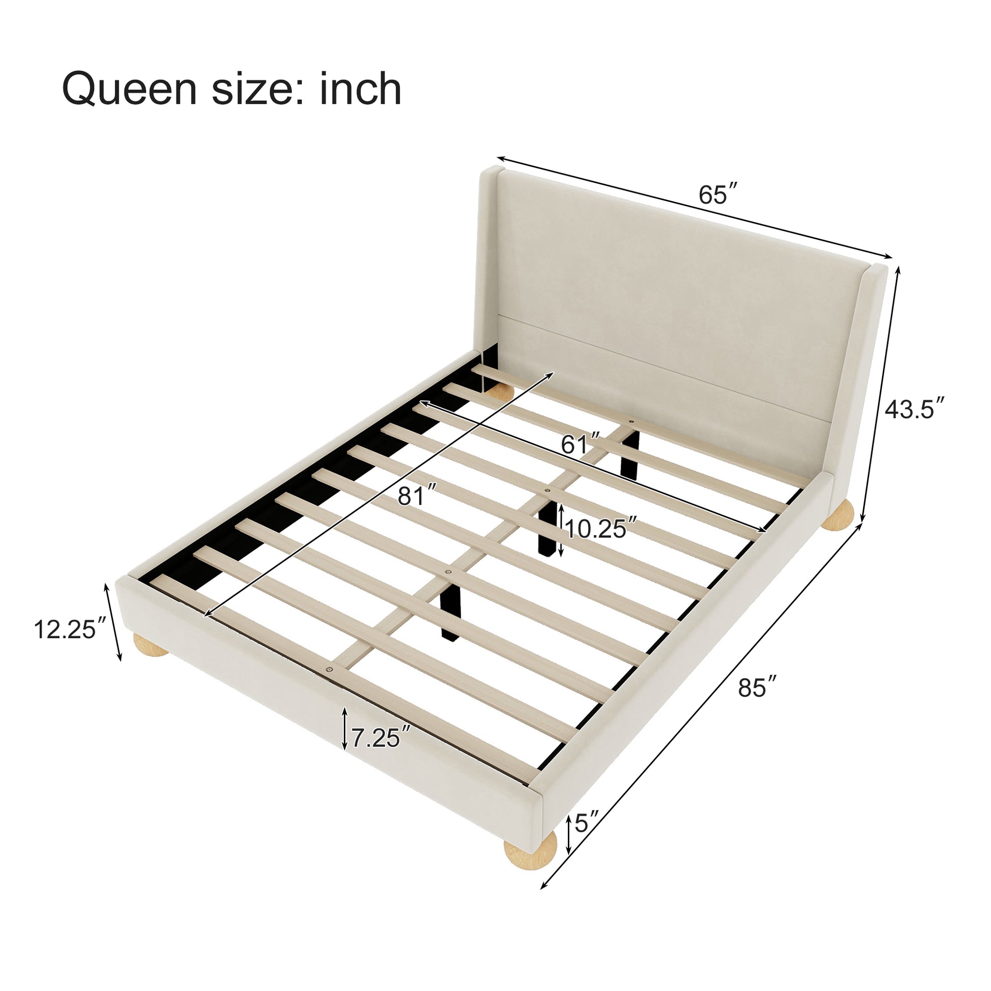 Modern Velvet Upholstered Platform Bed With Wingback Headboard And Round Wooden Legs, Cream,Queen Size Old Sku:Bs531851Aac Box Spring Not Required Queen Cream Wood Bedroom Modern Bed Frame Velvet