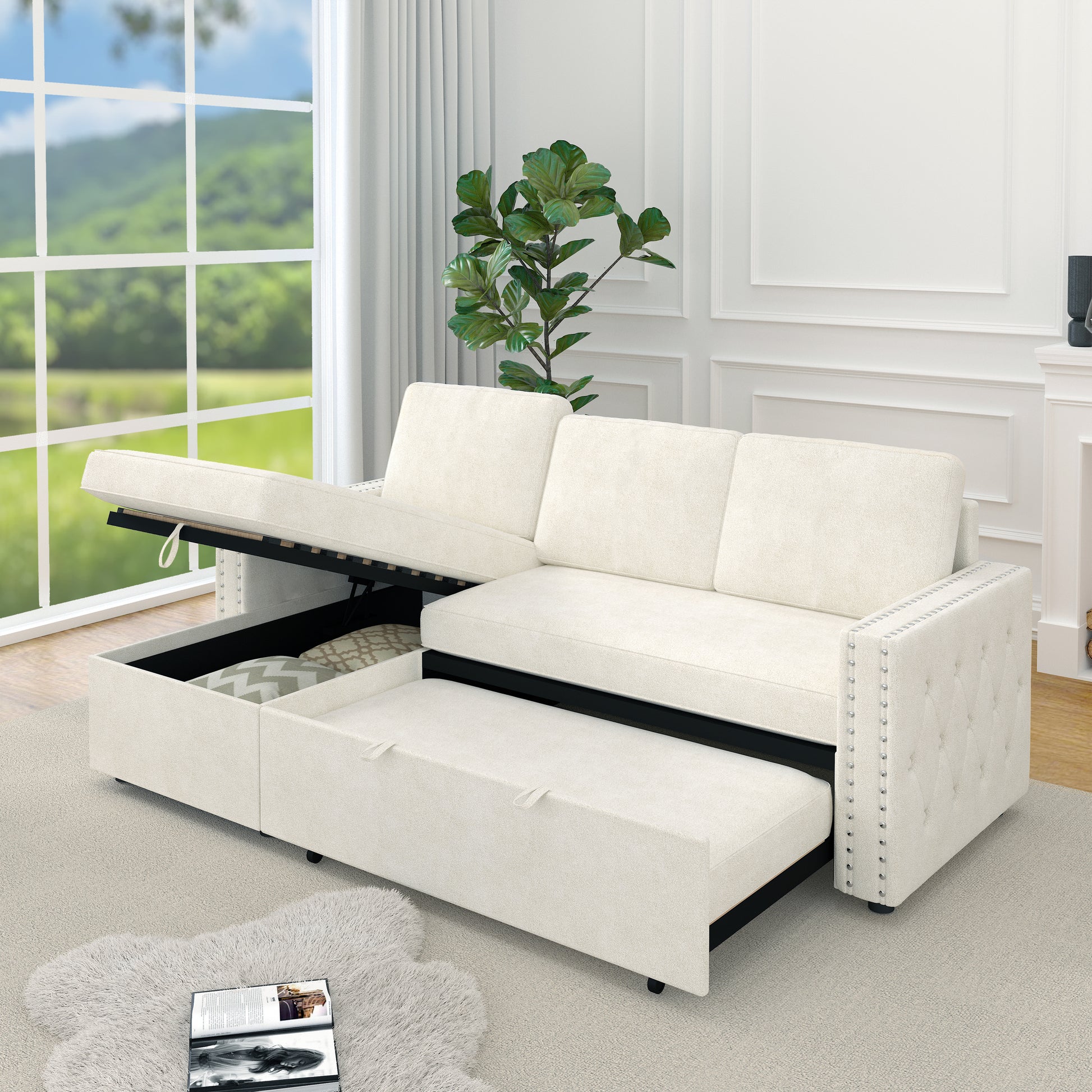85 Inches Sofa Bed, Seater Sleeper Sofa With Storage Chaise, Square