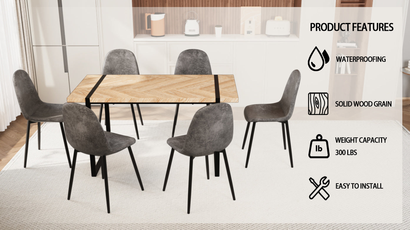 Mdf Light Wood Dining Table And Modern Dining Chair Set Of 8 Pieces, Medieval Wooden Kitchen Dining Table Set, Black Metal Base, Dining Table And Suede Chair Set Buy 6 Chairs And Get 2 Free Grey