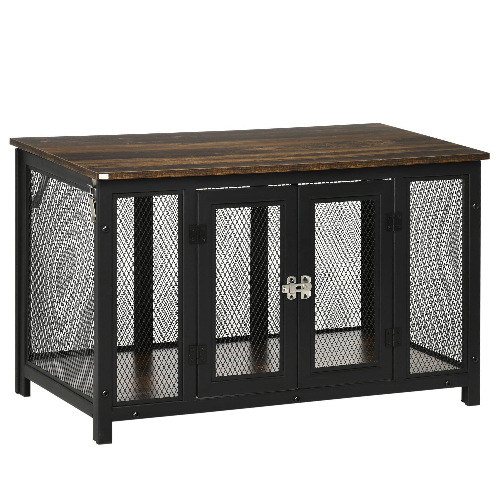 Pawhut Furniture Style Dog Crate With Openable Top, Big Dog Crate End Table, Puppy Crate For Small Dogs Indoor, Spacious Interior, Pet Kennel, Brown, Black Brown Steel