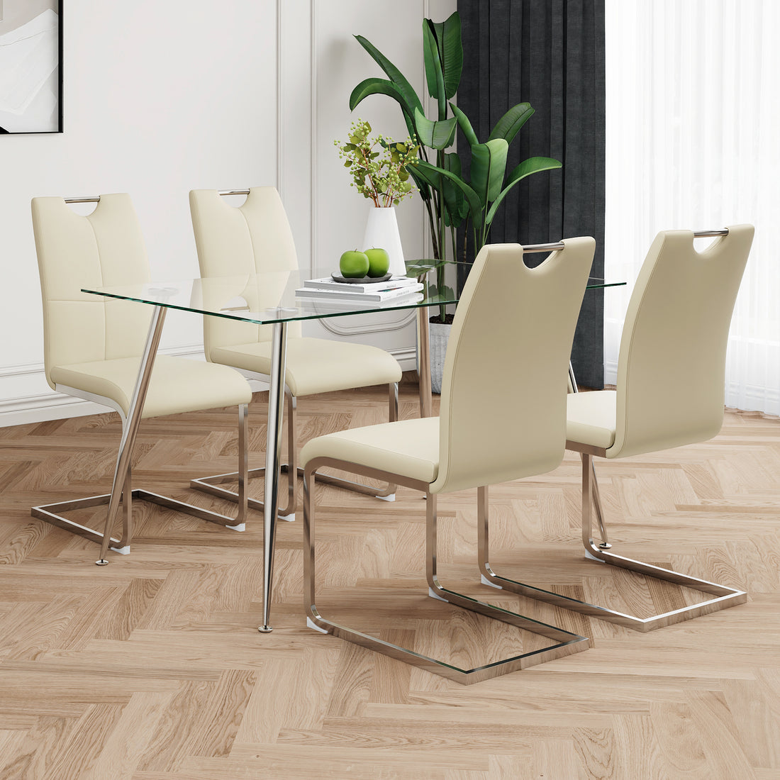 Modern Simple Rectangular Glass Dining Table, Solid Tempered Glass Tabletop, Electroplated Table Legs, Light Yellow Pu Dining Chair Set, Suitable For Restaurant Kitchen Use Set Of 5 Upholstered Chair Glass Light Yellow Seats 4 Metal Rectangular Dining