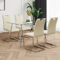 Modern Simple Rectangular Glass Dining Table, Solid Tempered Glass Tabletop, Electroplated Table Legs, Light Yellow Pu Dining Chair Set, Suitable For Restaurant Kitchen Use Set Of 5 Upholstered Chair Glass Light Yellow Seats 4 Metal Rectangular Dining