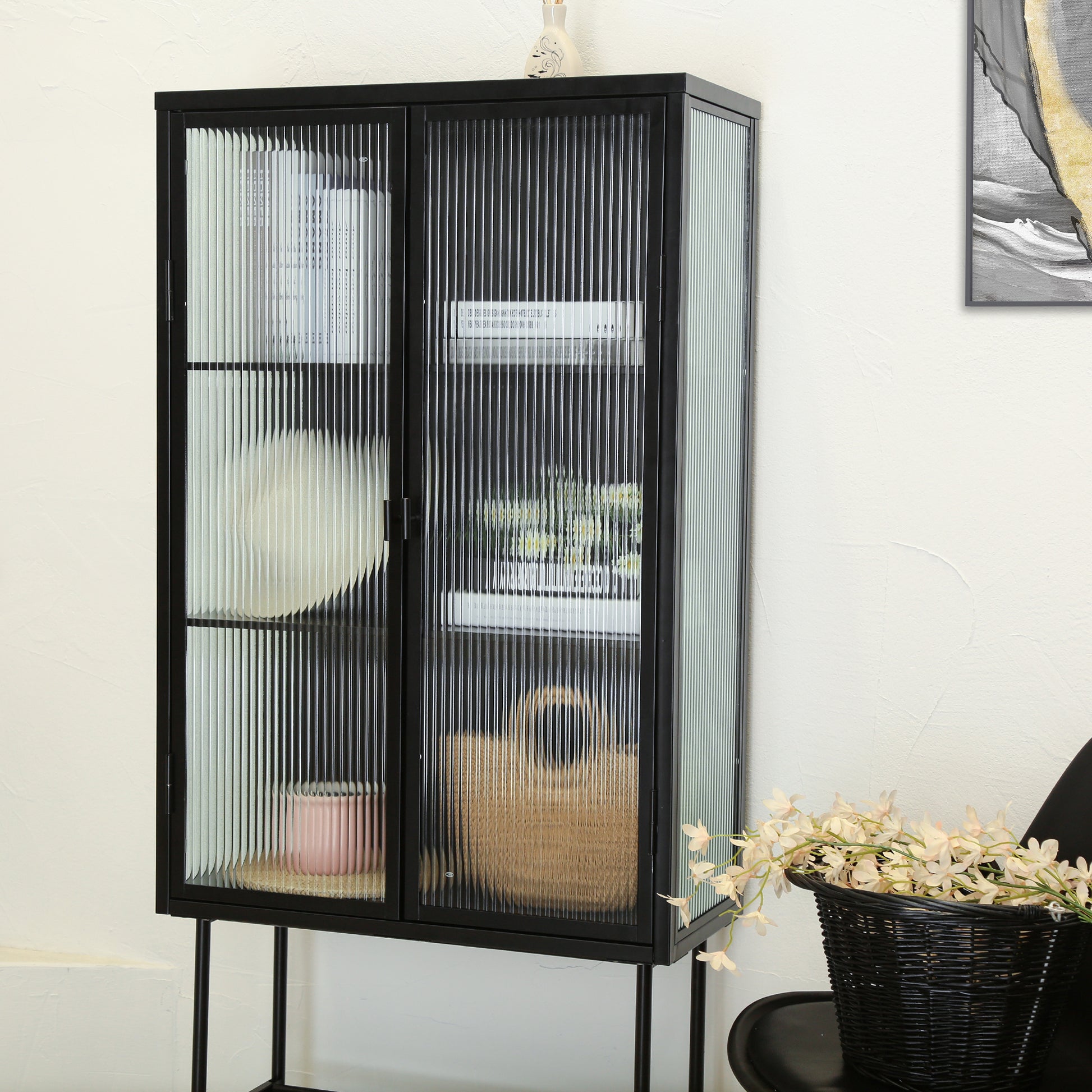 Retro Style Fluted Glass High Cabinet Storage Dual Doors Three Detachable Wide Shelves Enclosed Dust Free Storage For Living Room Bathroom Dining Room Kitchen Room Entryway,Black Old Sku:W68743734 Black Wood