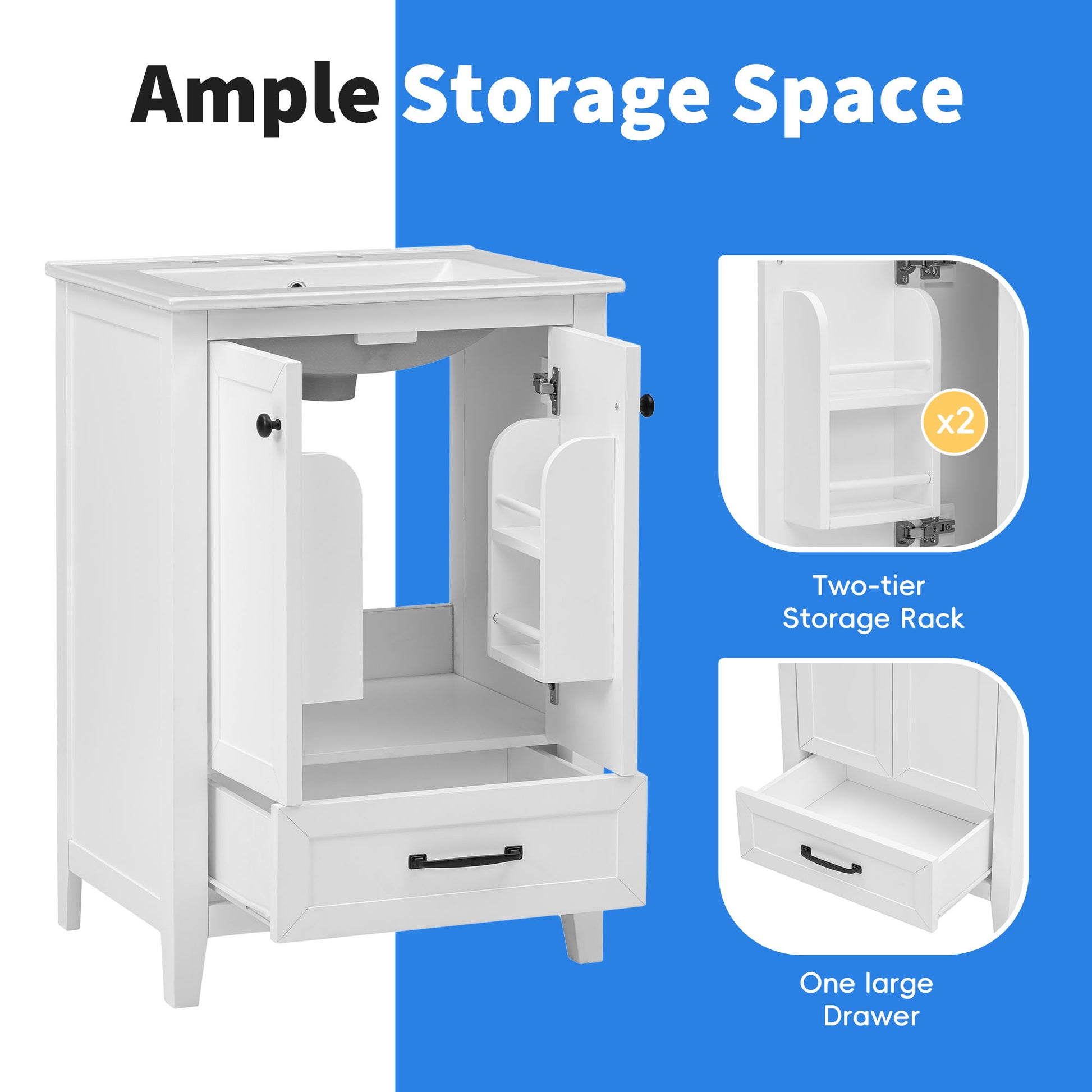 24" Bathroom Vanity With Sink, Bathroom Vanity Cabinet With One Drawer And Doors, Solid Wood And Mdf, White White Solid Wood Mdf