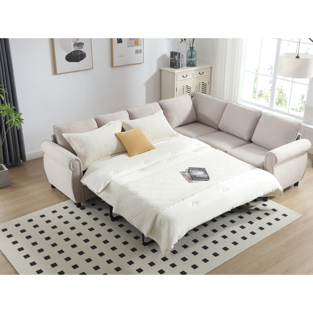 Arrived Sleeper Sofa, 2 In 1 Pull Out Couch Bed,6 Seater Sofa Bed, L Shaped Sleeper Sectional Sofa Couch,Riveted Sofa,104'' Large Combined Sofa Bed In Living Room, Beige Beige Polyester Wood Primary Living Space Medium Soft Cushion Back Modern Polyester