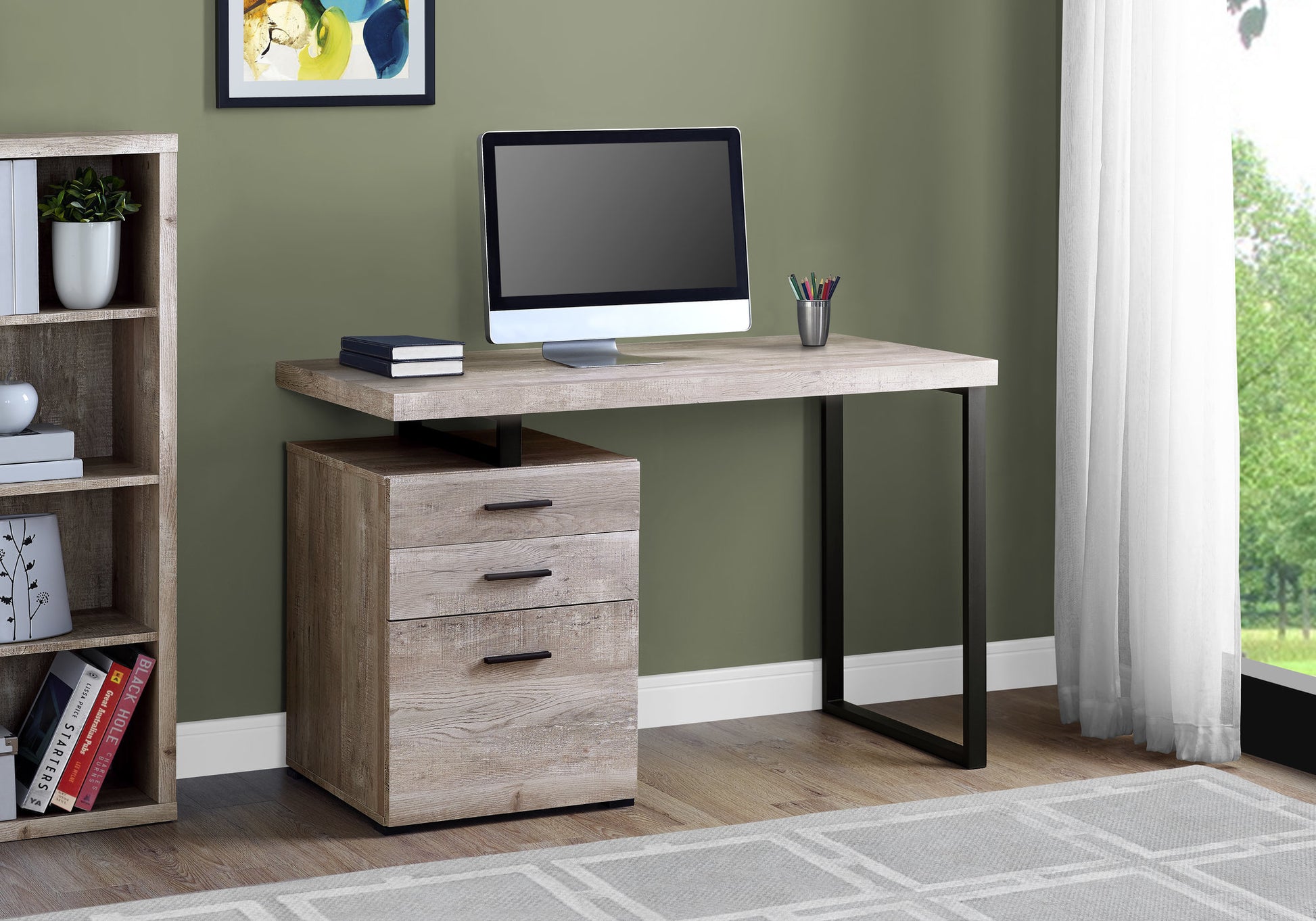 Computer Desk, Home Office, Laptop, Left, Right Set Up, Storage Drawers, 48"L, Work, Beige Laminate, Black Metal, Contemporary, Modern Taupe Particle Board