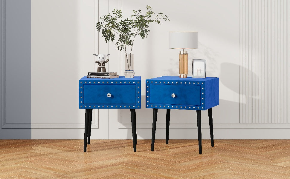 Modern Nightstands Set Of 2 With Drawer And Crystal Handle, Elegant Rivet Velvet Design Bedside Table For Bedroom, Blue Blue 1 Drawer Bedside Cabinet Mdf