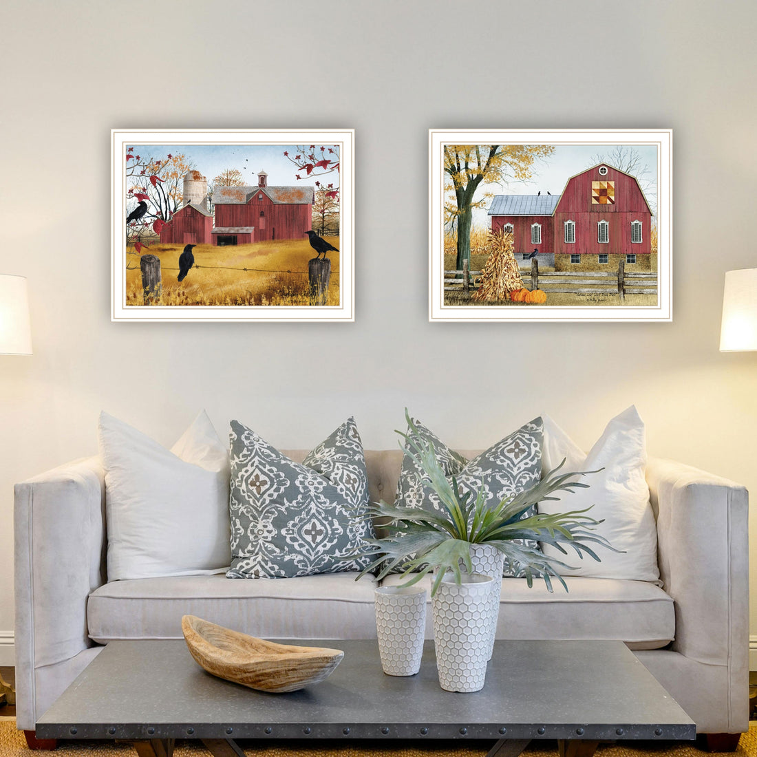 2 Piece Vignette Autumn Red Barns White Framed Wall Art For Living Room, Farmhouse Wall Art Print For Home Decor, Bedroom Wall Art By Billy Jacobs Multicolor Wood Paper