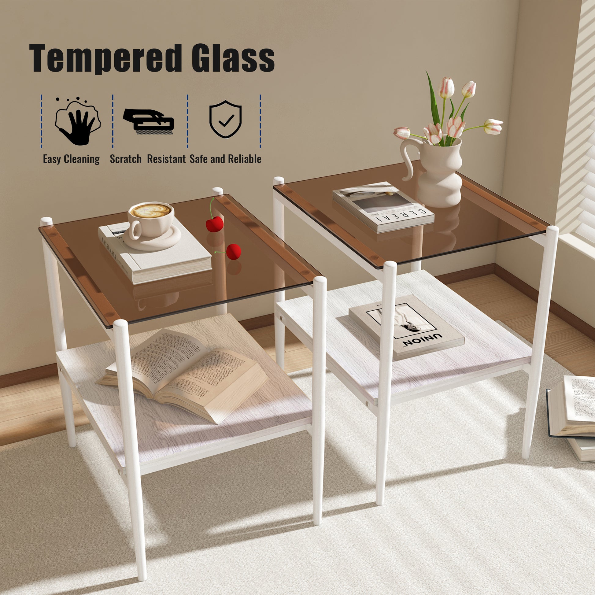 Coffee Table And End Tables Set Of 3, Tempered Glass Table With Mdf Layer, Modern Tables For Living Roombrown Glass Brown Tempered Glass