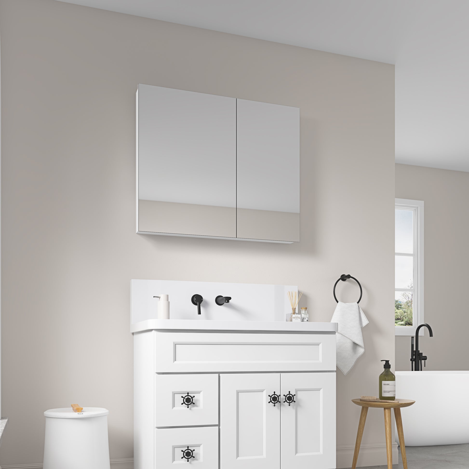 36'' W X 30'' H Surface Frameless Mirror Medicine Cabinet, Beveled Mirror Edges Bathroom Medicine Cabinet White Engineered Wood