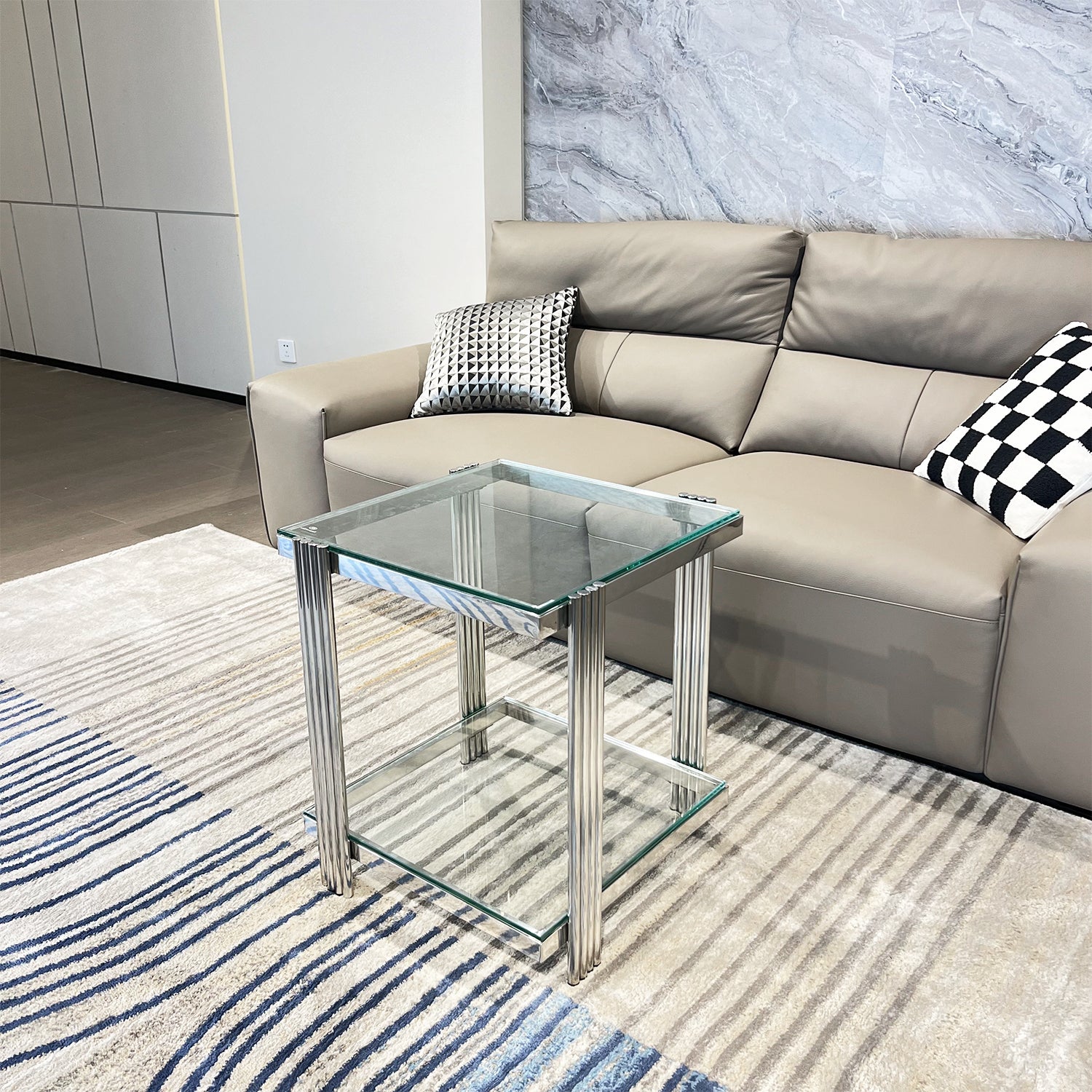 Silver Stainless Steel Double Layer Clear Tempered Glass End Table For Bed Room, Living Room Silver Clear Modern Square Stainless Steel,Tempered Glass