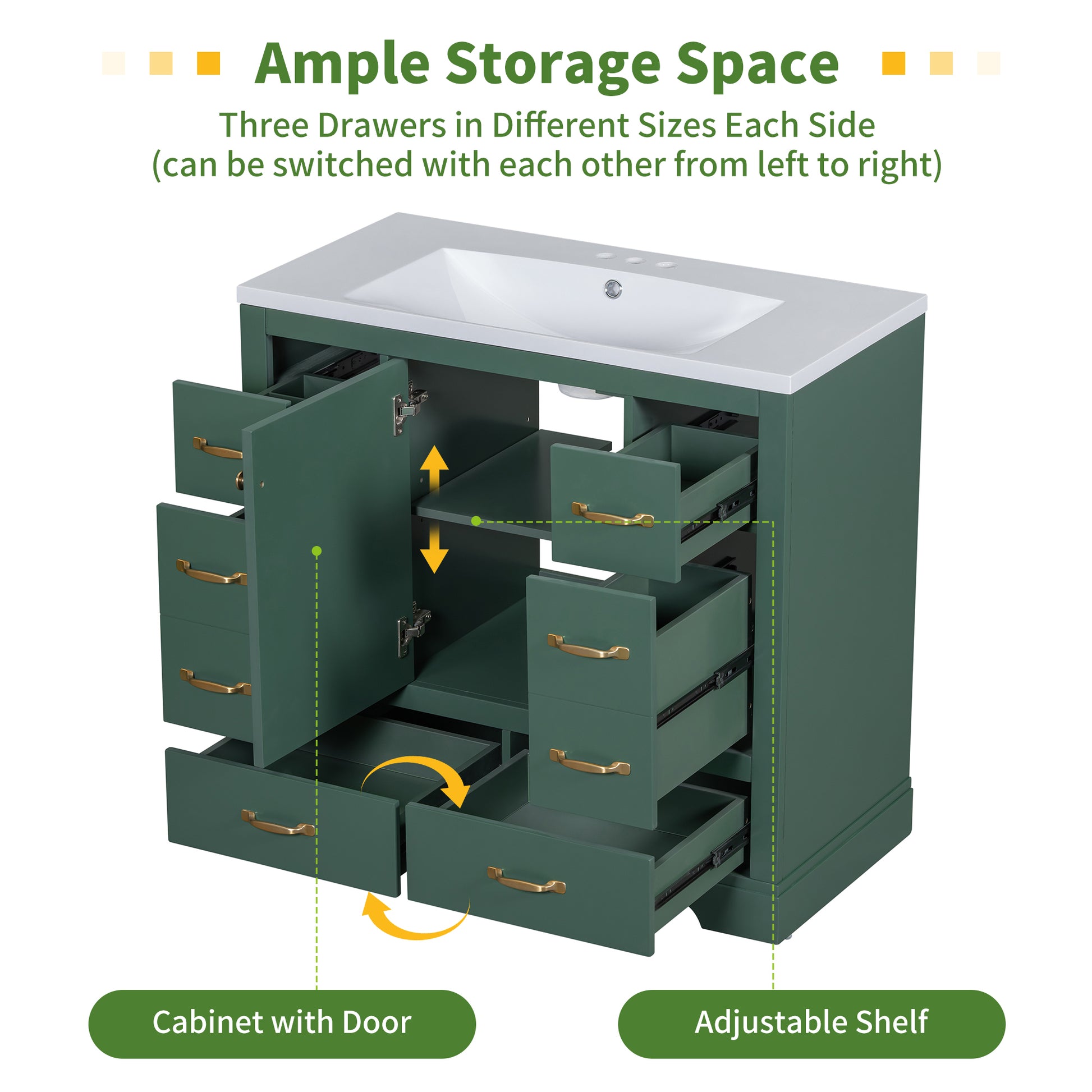 36" Bathroom Vanity Without Sink, Cabinet Base Only, Six Drawers, Multi Functional Drawer Divider, Adjustable Shelf, Green Green Solid Wood Mdf