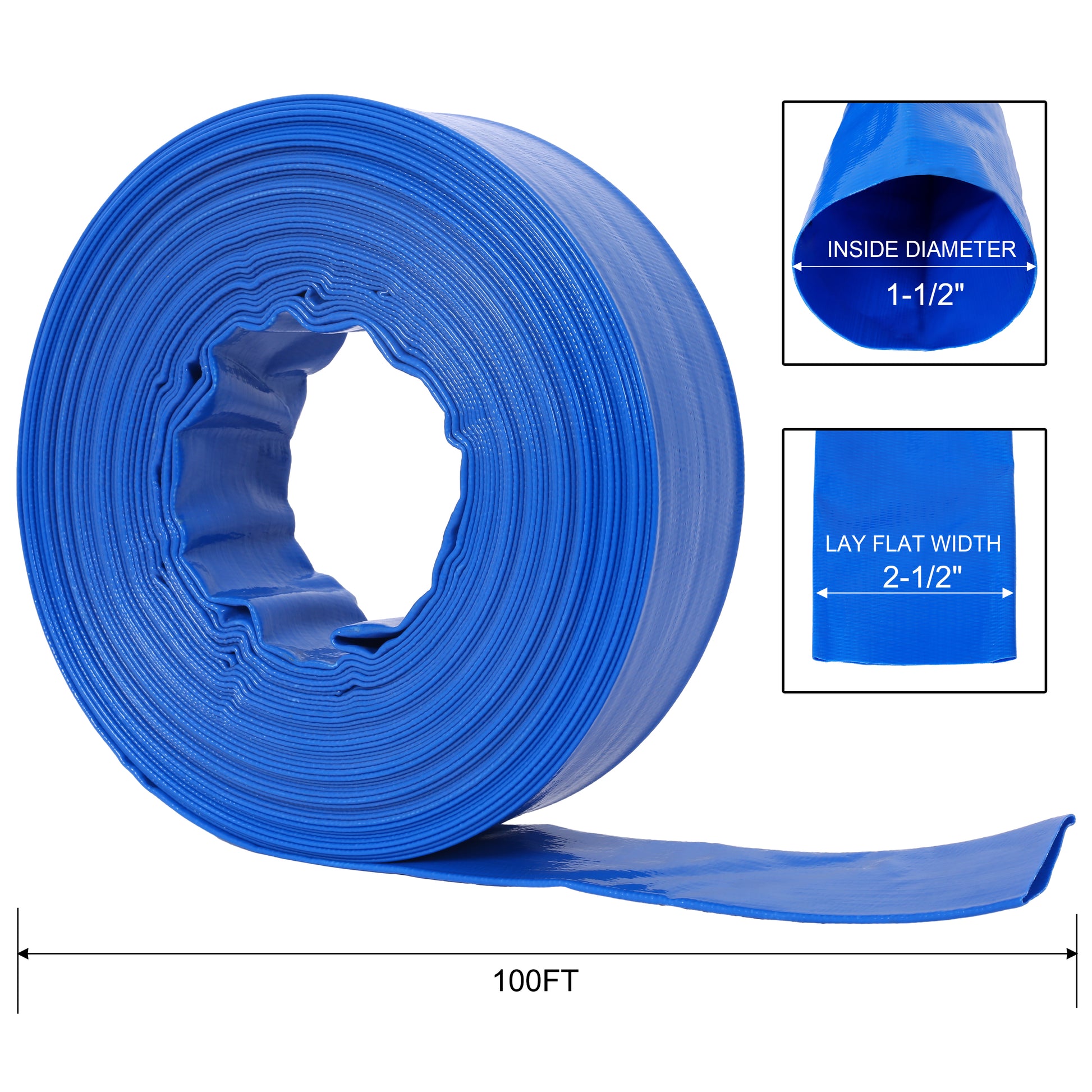 1 1 2" Flat 2.6" Widthx 100 Ft Pool Backwash Hose, Blue Heavy Duty Reinforced Pvc Lay Flat Water Discharge Hose For Swimming Pool Filter Pump,With 2 Clamp Blue Pvc