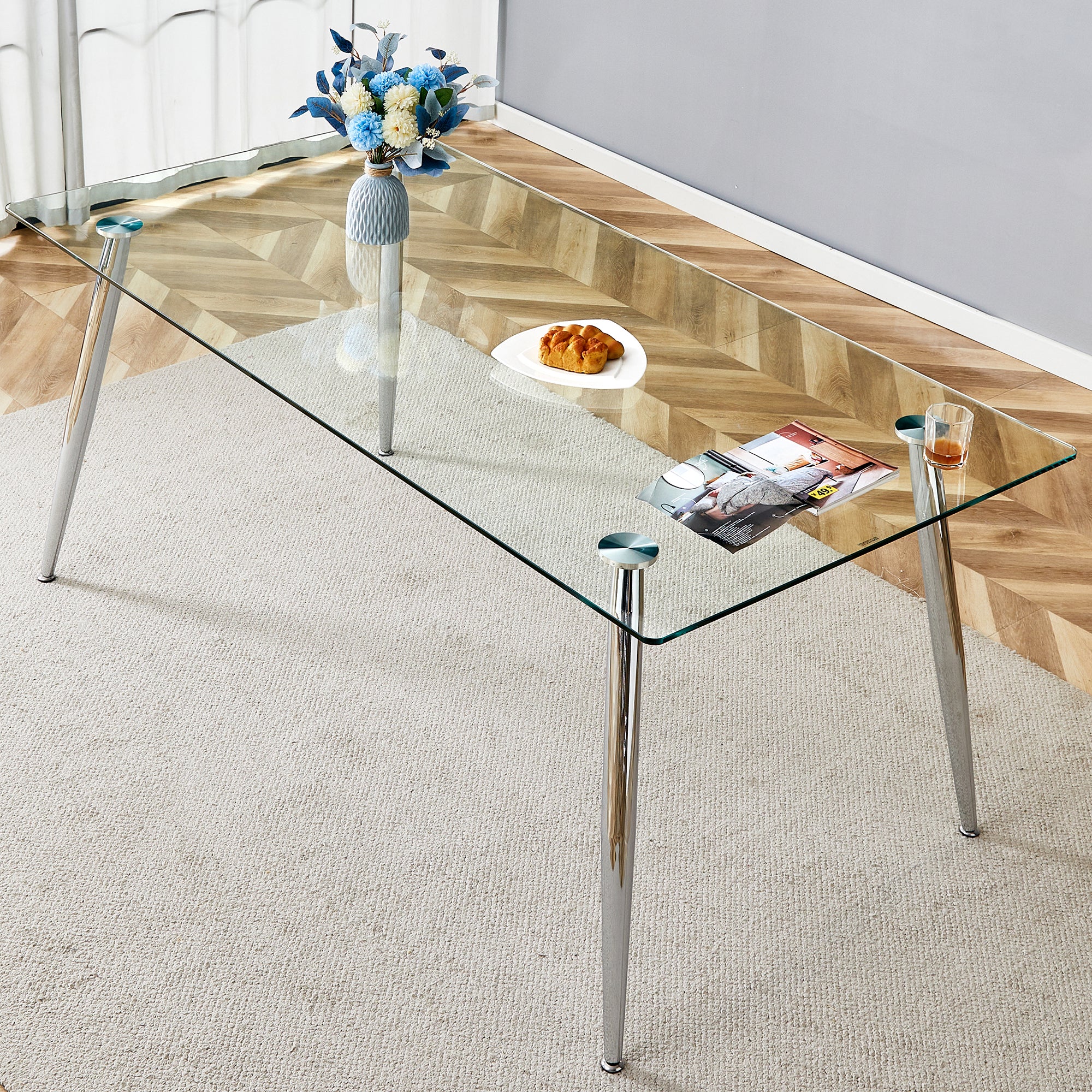 Modern Rectangular Glass Dining Table, Suitable For 4 6 People, With Tempered Glass Countertop And Silver Metal Table Legs, Writing Desk, Suitable For Kitchen, Dining Room And Living Room Transparent Glass