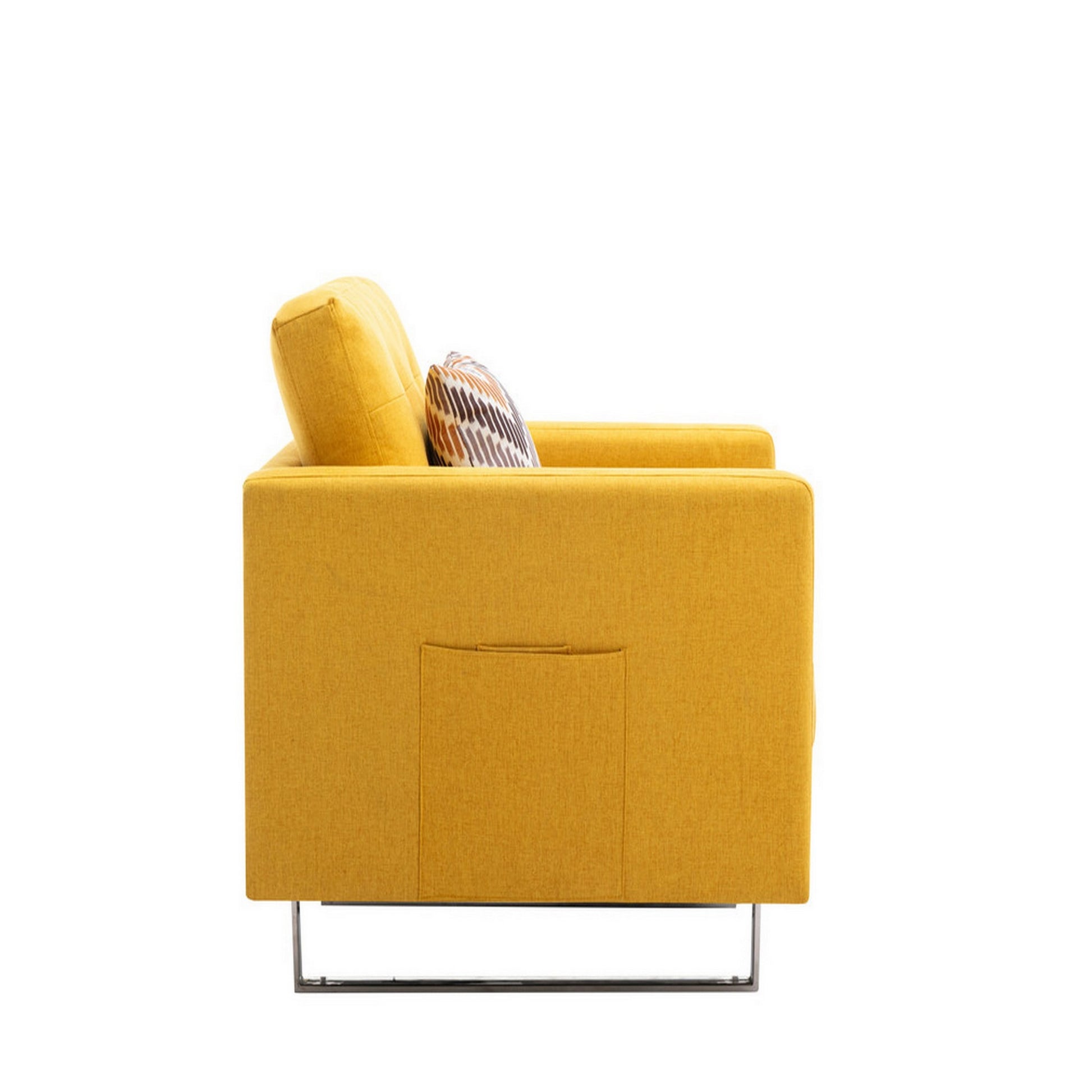 Lewa 34 Inch Modern Accent Armchair, Silver Metal Legs, Tufted Seat, Yellow Yellow Solid Wood