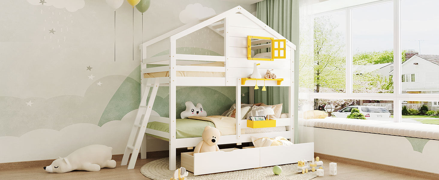Twin Over Twin Bunk Bed With 2 Drawers, 1 Storage Box, 1 Shelf, Window And Roof White Old Sku:Lt001608Aak Twin White Solid Wood