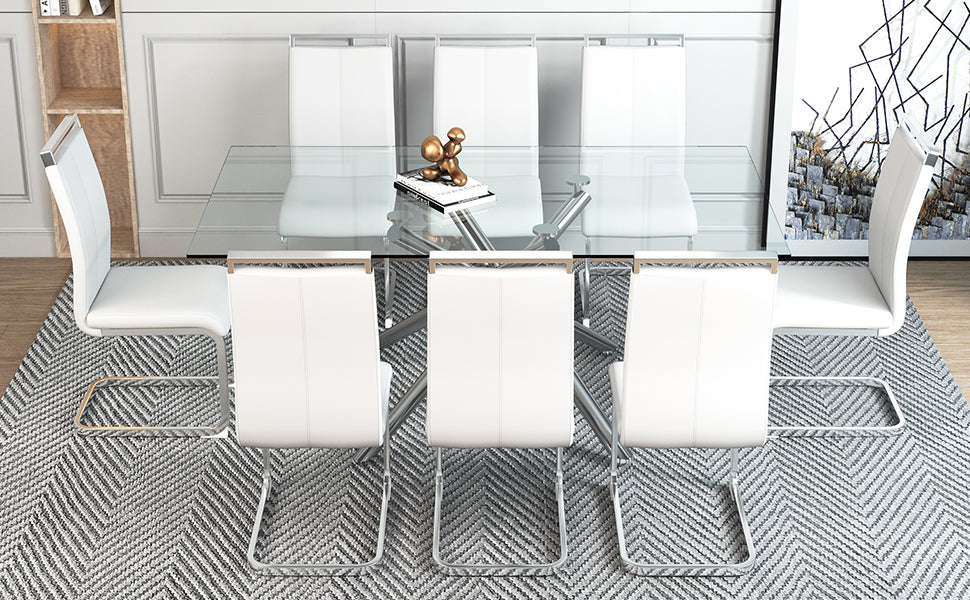 Table And Chair Set.Modern Luxurious Transparent Tempered Glass Dining Table Set.Paried With 8 Chairs With Pu Cushion And Silver C Tube Metal Legs. Transparent,White Seats 8 Glass Metal