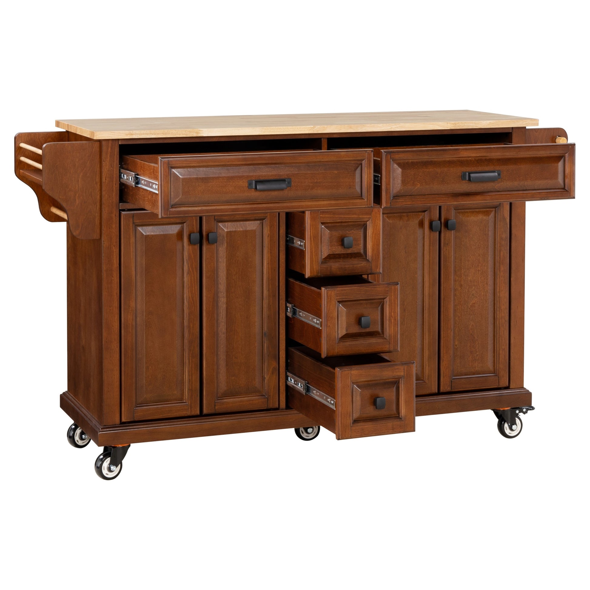 Kitchen Island With Rubber Wood Countertop, Kitchen Cart On 5 Wheels With Storage Cabinet And 5 Drawers For Dinning Room, Mahogany Mahogany Dining Room Rectangular Rubberwood Solid Wood Mdf Large 56 In