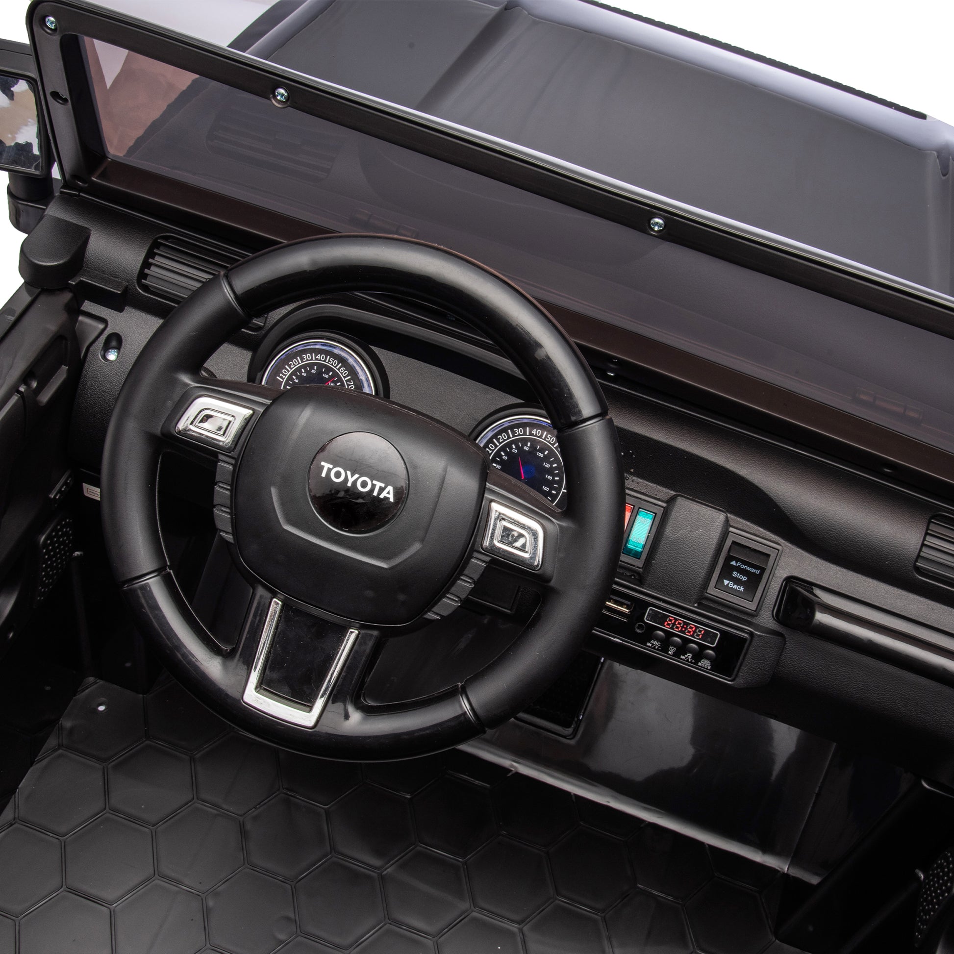 24V Two Seater Kids Ride On Car W Parents Remote Control, Licensed Toyota Lc250,2Wd,110W Motors,With Shovel,Three Point Seat Belt,Slow Start,Speed Adjustment,Bluetooth,Music For Kids Aged 3 . Black 100 149 Lbs Polypropylene