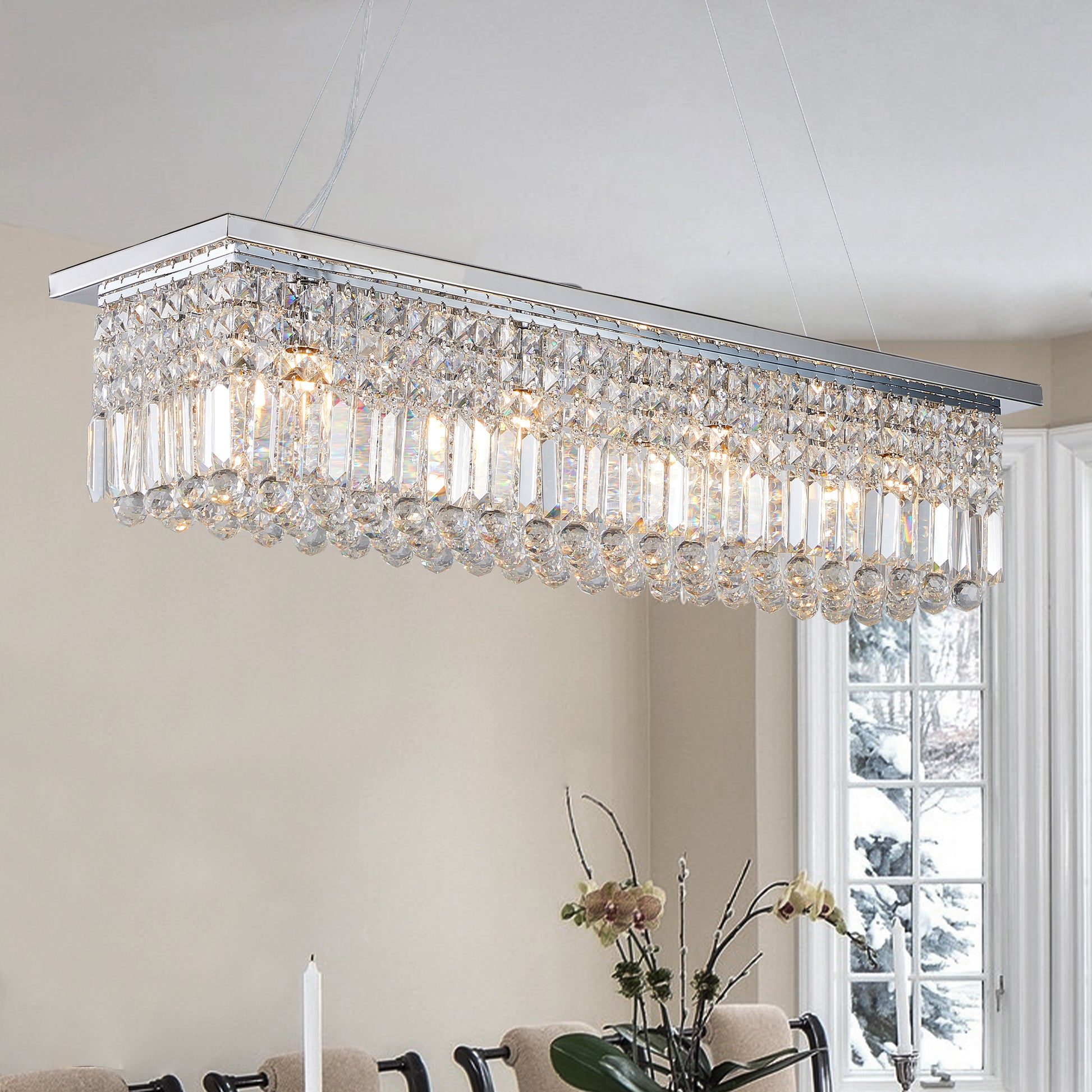 Modern Crystal Chandelier For Dining Room 8 Light White Rectangle Raindrop Chandelier Contemporary Rectangular Pendant Light Fixture For Kitchen Island Bar L39.4'' X W9.8'' X H8.7' Bulb Not Included Chrome Crystal Iron