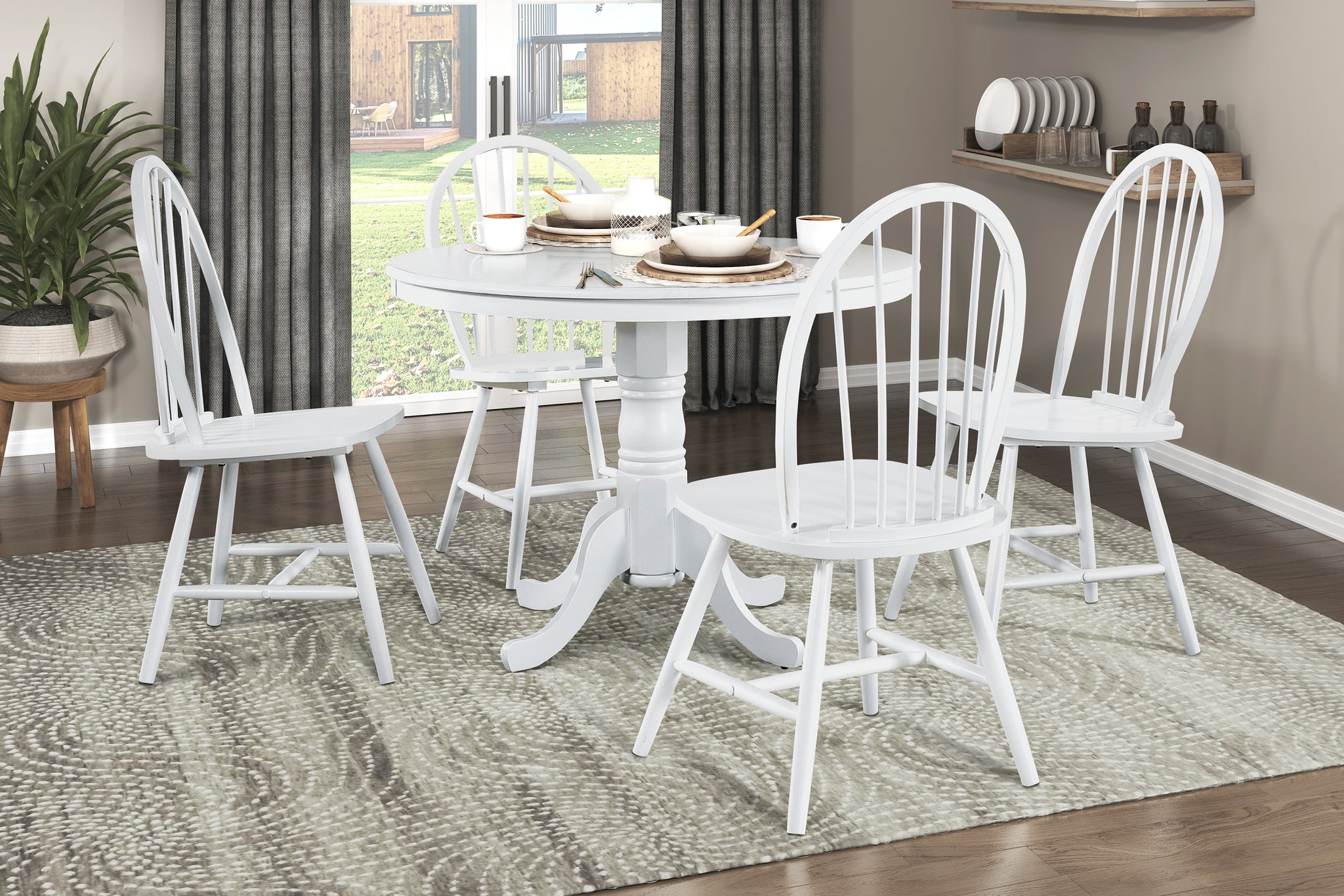 White Finish 5Pc Round Dining Table Set With Windsor Chairs Farmhous