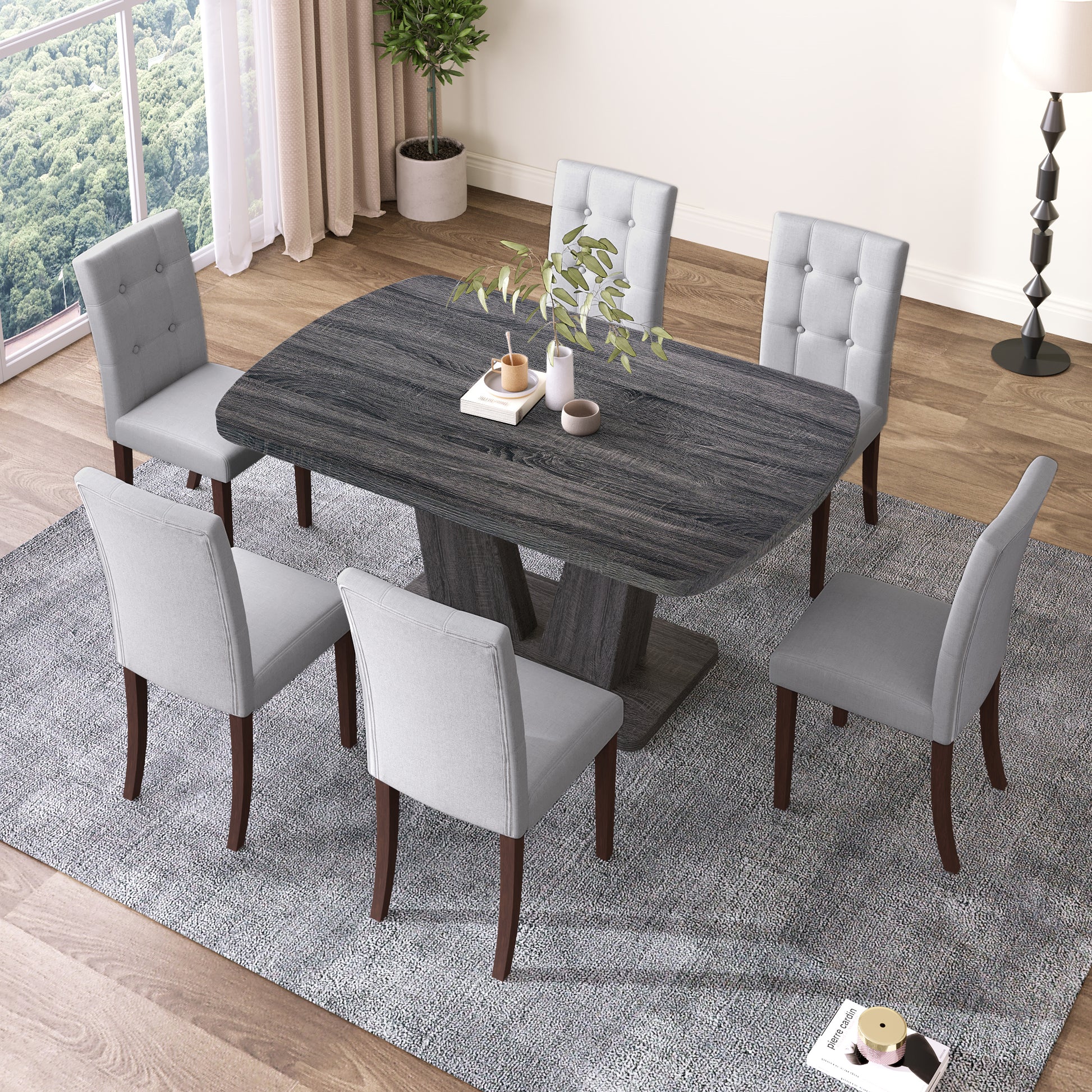Dining Table Set For 6, 7 Piece Kitchen Table Chairs Set, 1.8" Thickness Tabletop And V Shaped Table Legs, Modern Dining Room Set With 63 Inch Dinner Table And 6 Upholstered Chairs For Dining Room Wood Gray Dining Room Classic,Mid Century Modern,Modern