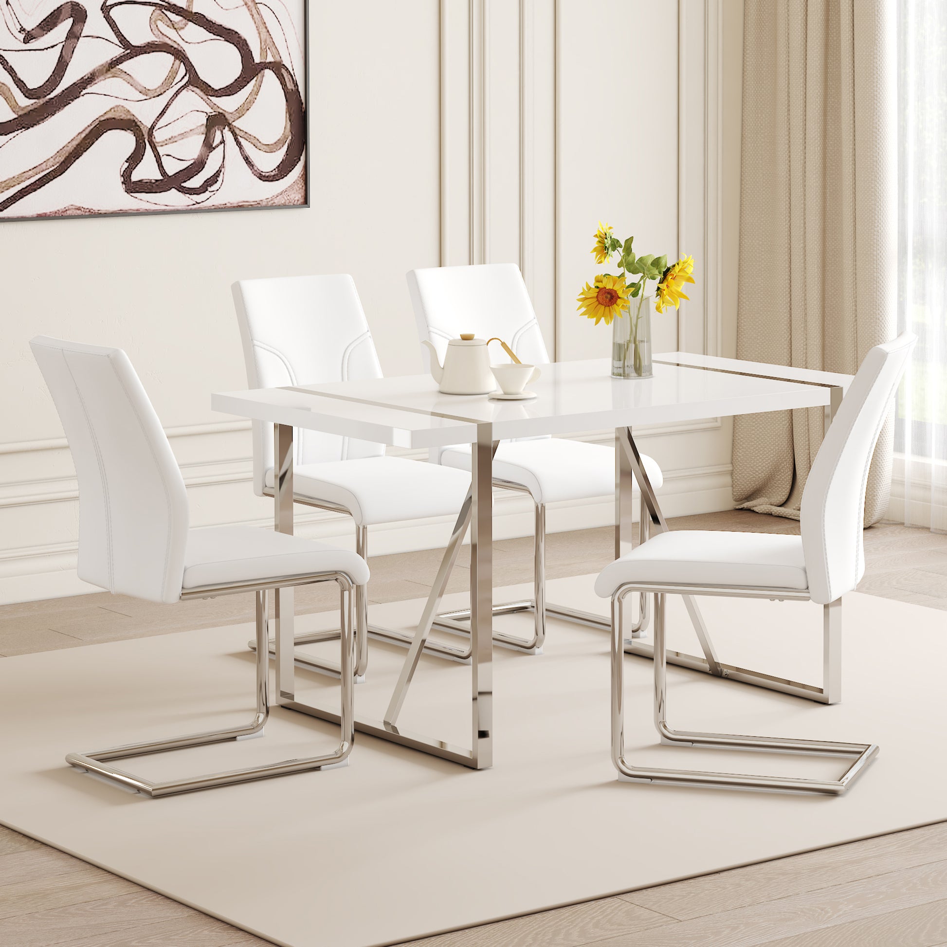 Table And Chair Set.55"X31.5" Mdf Painting Dining Table Set With 4 Pu Chairs.Showcasing A Modern And Stylish Look.Suitable For Dining Room.Mdf Painting,Iron Pipe Plating,Pu Chiairs,White. White