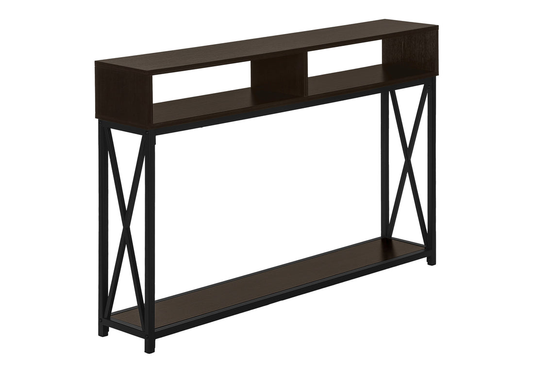 Accent Table, Console, Entryway, Narrow, Sofa, Living Room, Bedroom, Brown Laminate, Black Metal, Contemporary, Modern Espresso Metal