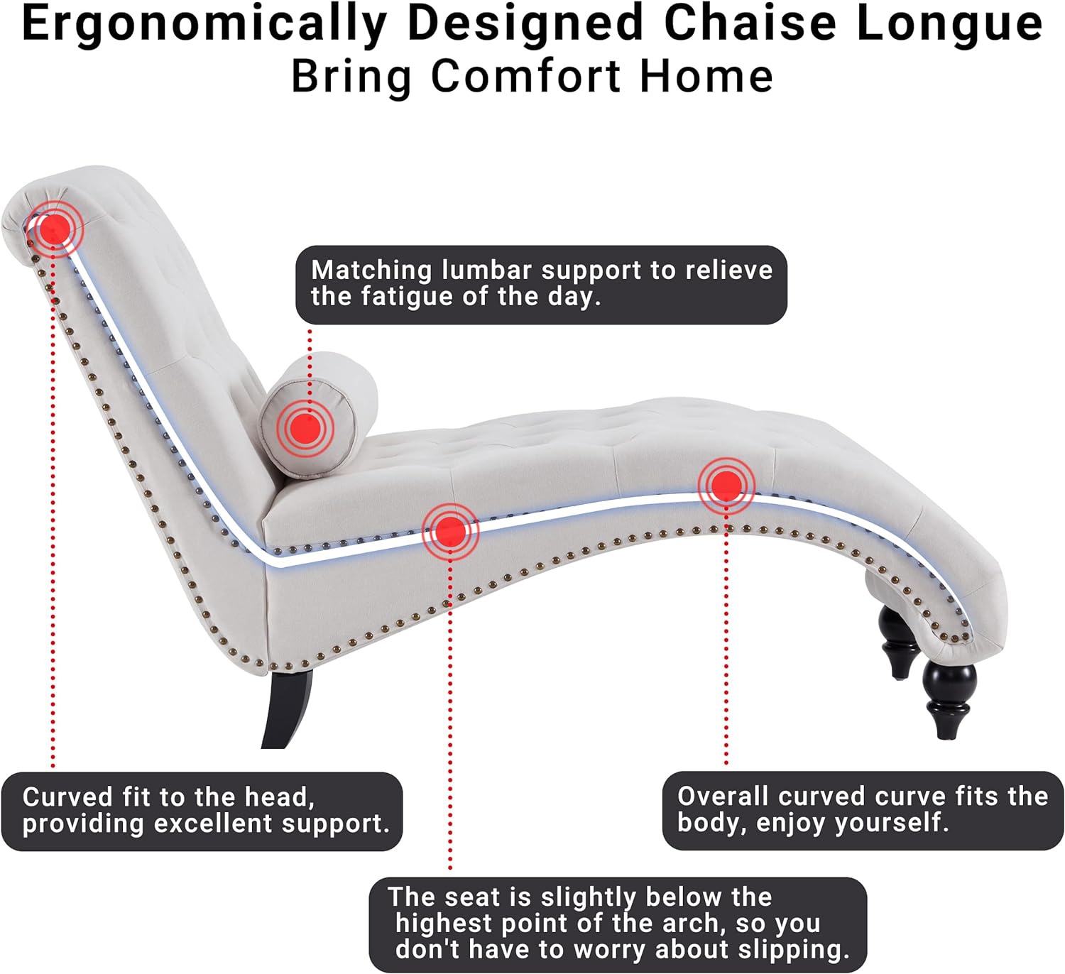Upholstered Chaise Lounge With Solid Wood Legs, Support Pillow For Bedroom, Living Room, Office Beige Wood Fabric