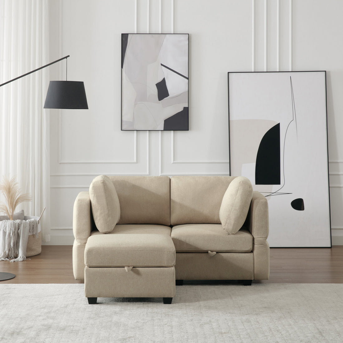 Space Saving Small Sectional Sofa With Ottoman, 2 Seater Sofa With 1 Ottoman, All Seats And Ottomans With Storage Function Beige Beige Fabric 2 Seat