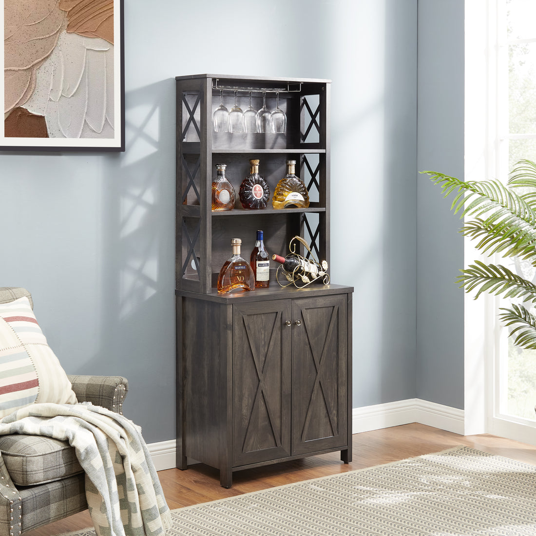 Coffee Bar Cabinet Kitchen Cabinet With Microwave Stand, Wood Frame Side Home Source Bar Cabinet And Hollow Out Barn Design Wood Cabinet L26.75''*W15.13''*H66.1'' Charcoal Gray Charcoal Grey Mdf