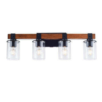 4 Light E26 Bulb Industrial Style Farmhouse Wall Lightrustic Wood Bathroom Vanity Lights With Clear Glass, Modern Iron Wall Sconce For Bedroom, Kitchen, Hallway Matte Black,Wood Modern Glass,Iron