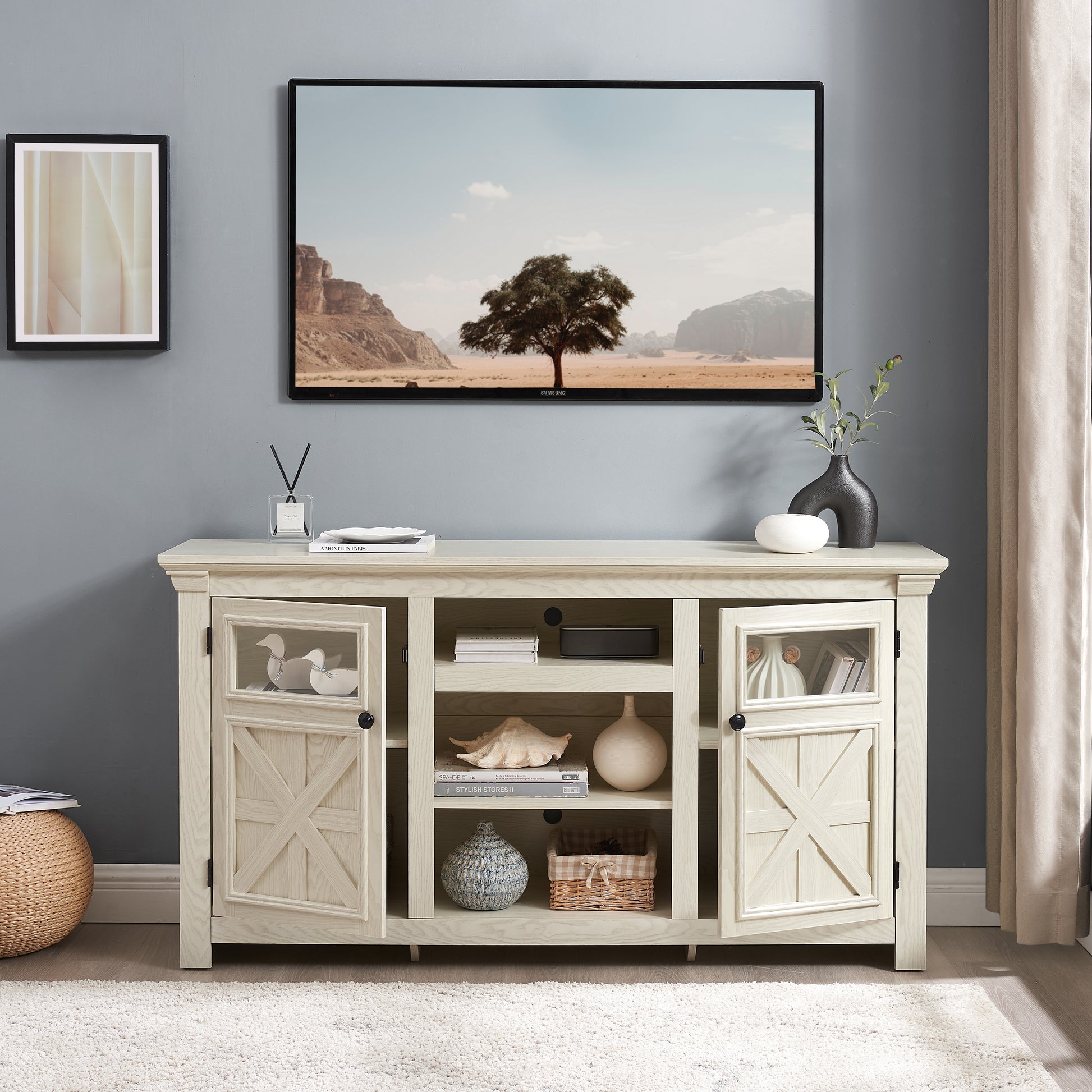 2 Doors Cabinet Farmhouse Cabinet, Farmhouse Tv Stand Barn Design,Modern Farmhouse Tv Media Stand, Large Barn Inspired Home Entertainment Console,White, 60.23"W*15.35"D*31.7"H White 60 69 Inches Mdf