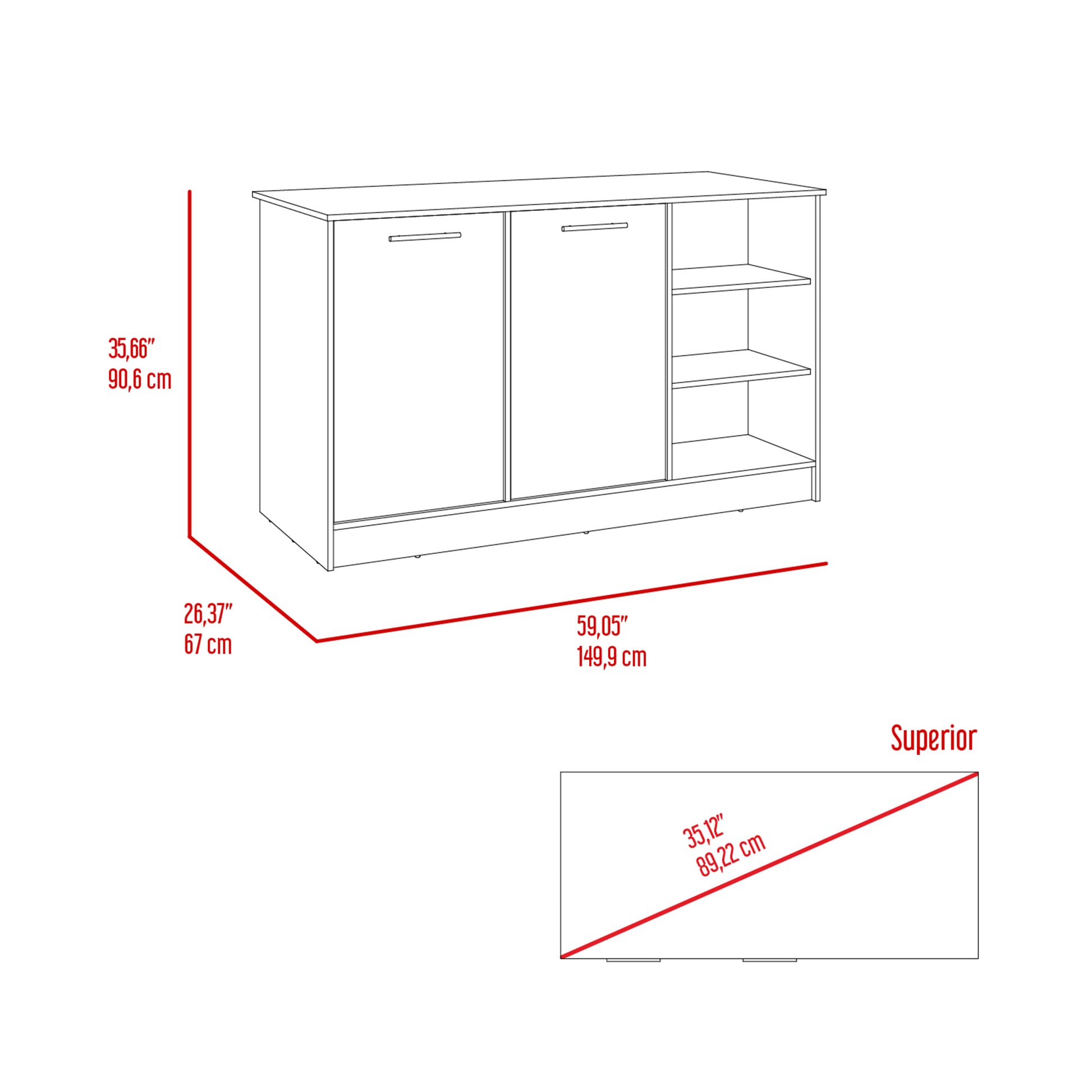 Kitchen Island Two Cabinets, Three Open Shelves, White Dark Brown Multicolor Solid Wood Mdf Engineered Wood